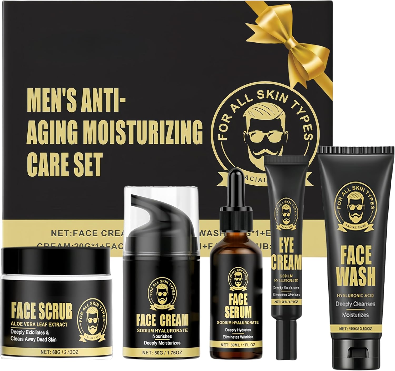 Men's Anti-Aging Care Set - Mens Skincare Set - Day/Night Moisturizer, Eye Cream & Anti-Wrinkle Serum - Gift-Ready Skincare Kit for Men - Combat Fine Lines & Revitalize Skin-5PCS
