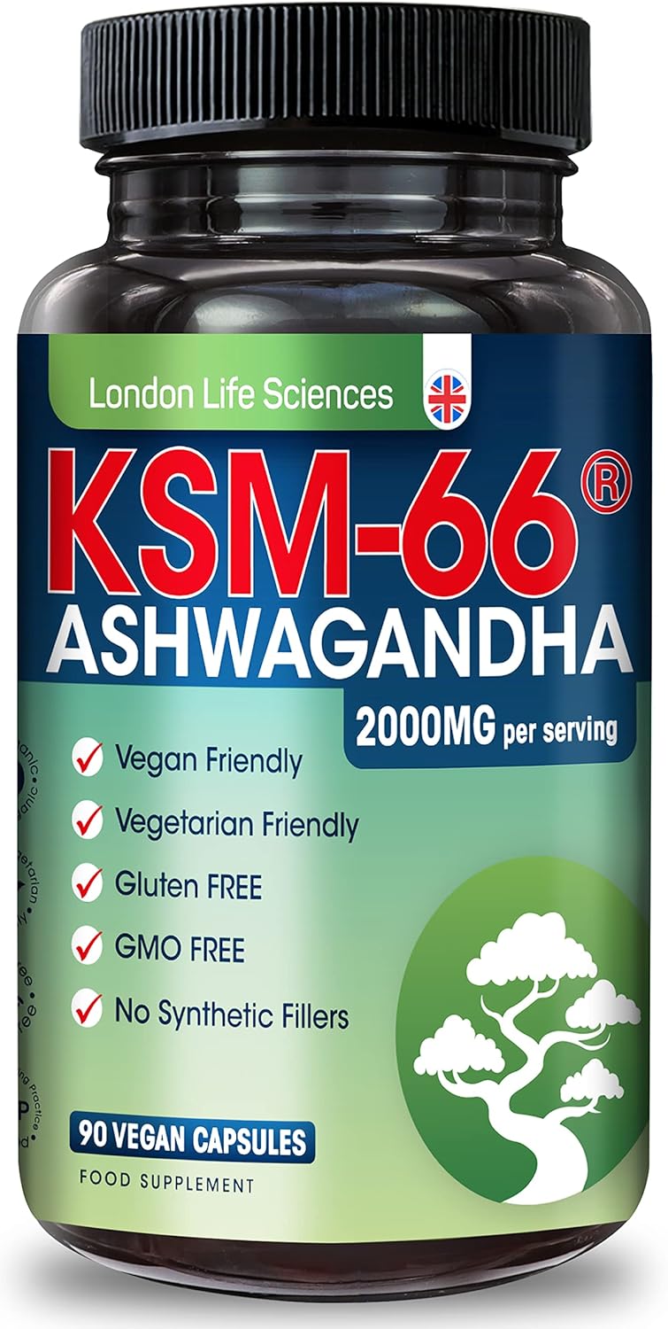 London Life Sciences® Organic Vegan Ashwagandha KSM-66® 90 Capsules - (Highest Concentration) 2000mg Servings & 5% Withanolides - Best Bioavailability Enhanced KSM 66 + Withania Somnifera