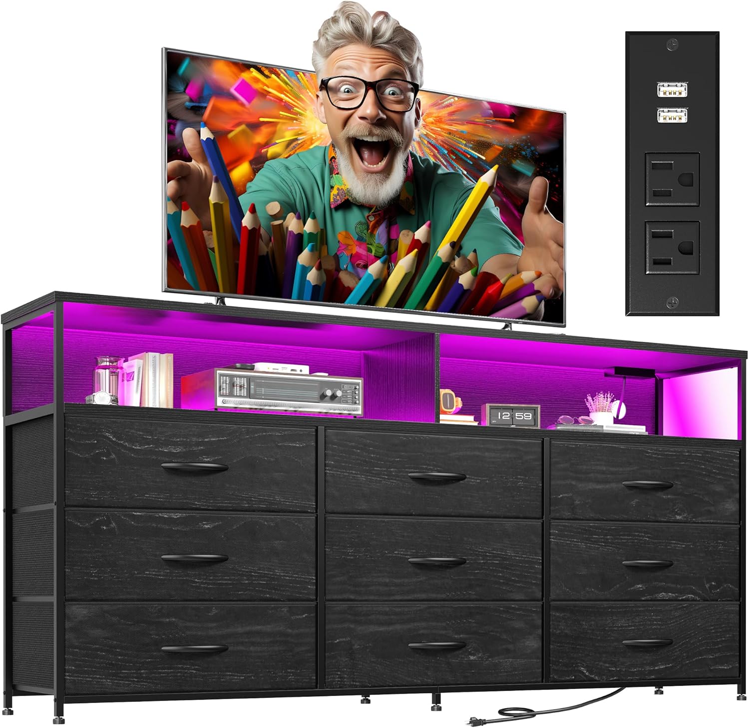 55” W Black Dresser for Bedroom with Charging Station & LED Light, 65/55/50 Inch TV Stand with 9 Fabric Drawers, Sturdy Chest of Drawers with 2 Wooden Open Shelves for Bedroom, Dorm, Living Room