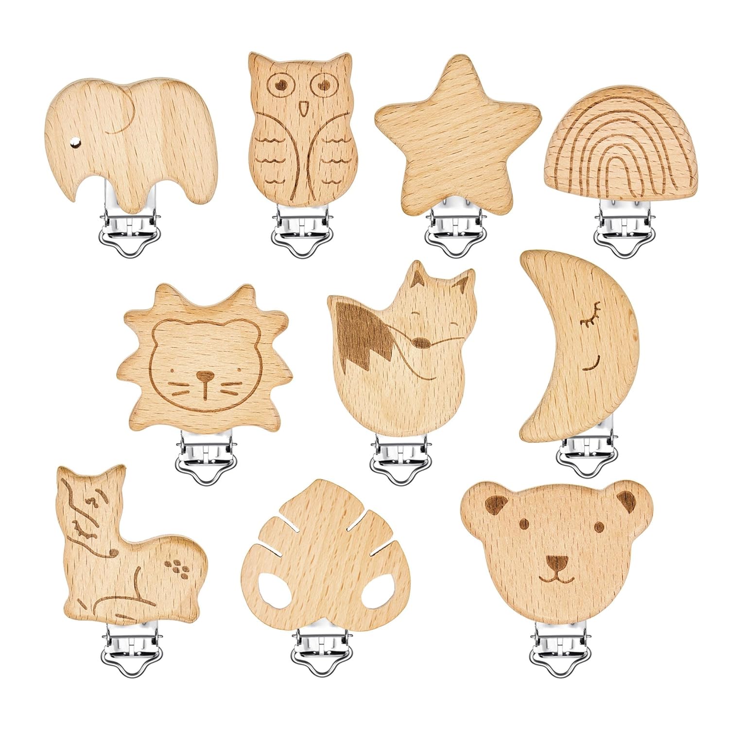 Boao 10 Pcs Wood Pacifier Clips Toy Suspender Clips Charm DIY Pacifier Holder for Baby Toddler Teething Grasping Accessory (Cute)