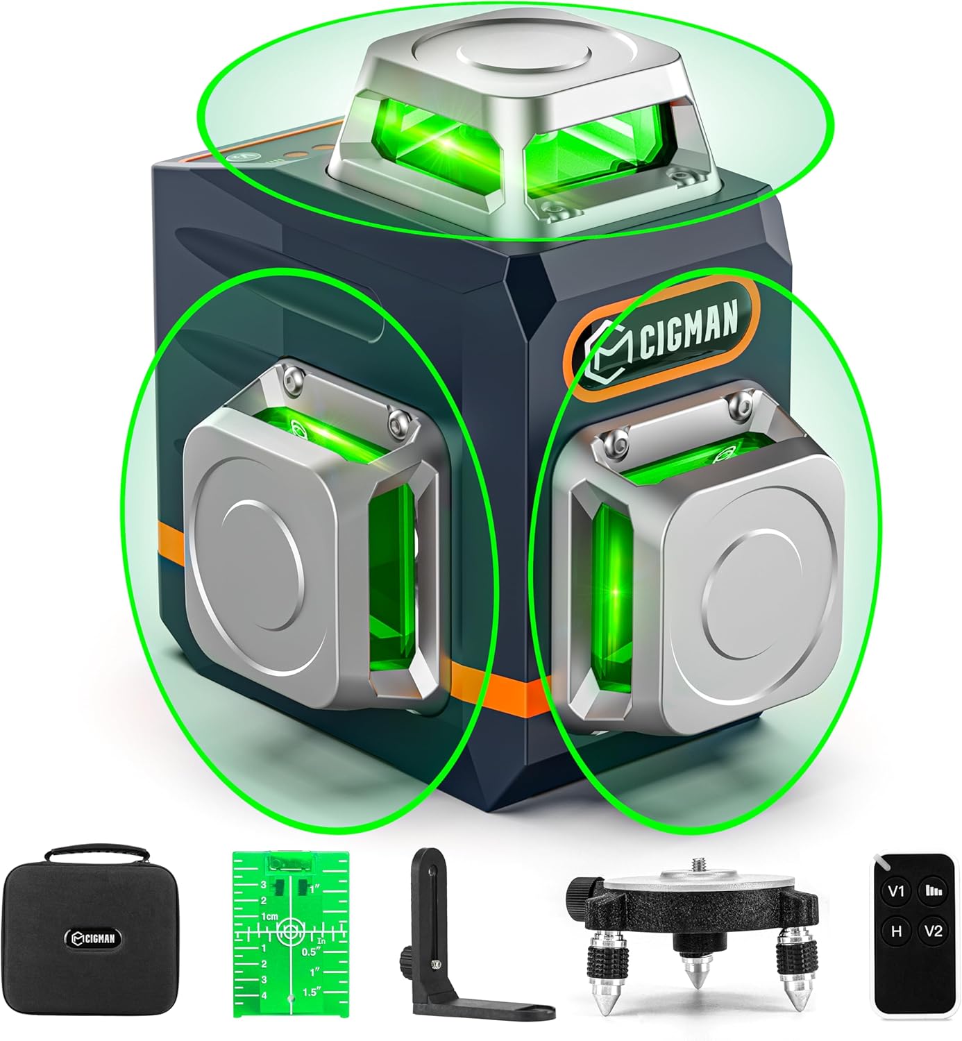CIGMAN Laser Level Self Leveling 3x360° 3D Green Cross Line for Construction and Picture Hanging, Rechargeable battery, Remote Controller, Magnetic Rotating Stand Included