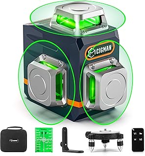 CIGMAN Laser Level Self Leveling 3x360° 3D Green Cross Line for Construction and Picture Hanging, Rechargeable battery, Remote Controller, Magnetic Rotating Stand Included