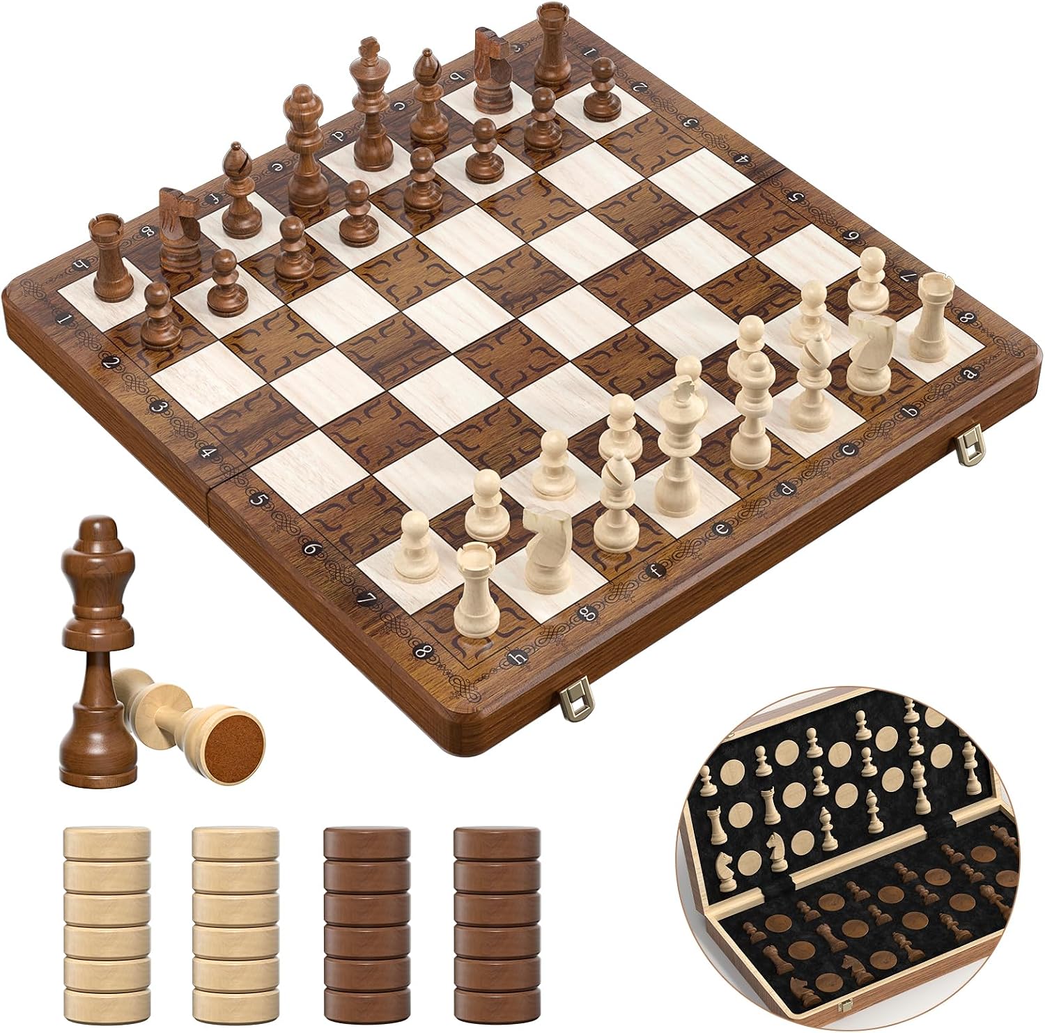 Chess Set, 16" Wooden Magnetic Chess Board with Checkers