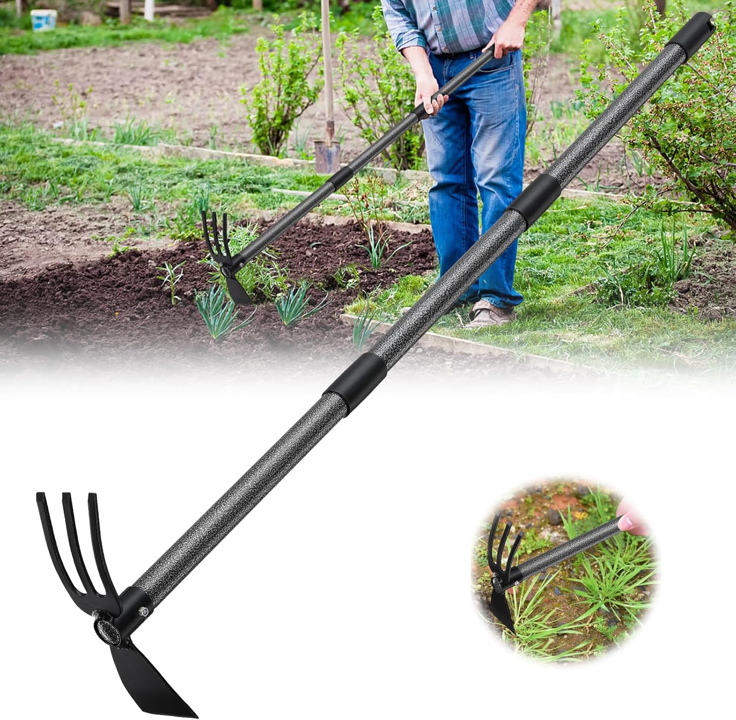 Hoe and Cultivator - 45” Long Handle - Heavy Duty Garden Hoe Tiller, Standing Hoe Garden Tools Durable Cultivator Hoes Hand Rake Fork for Gardening Weeding Planting Loosening Soil