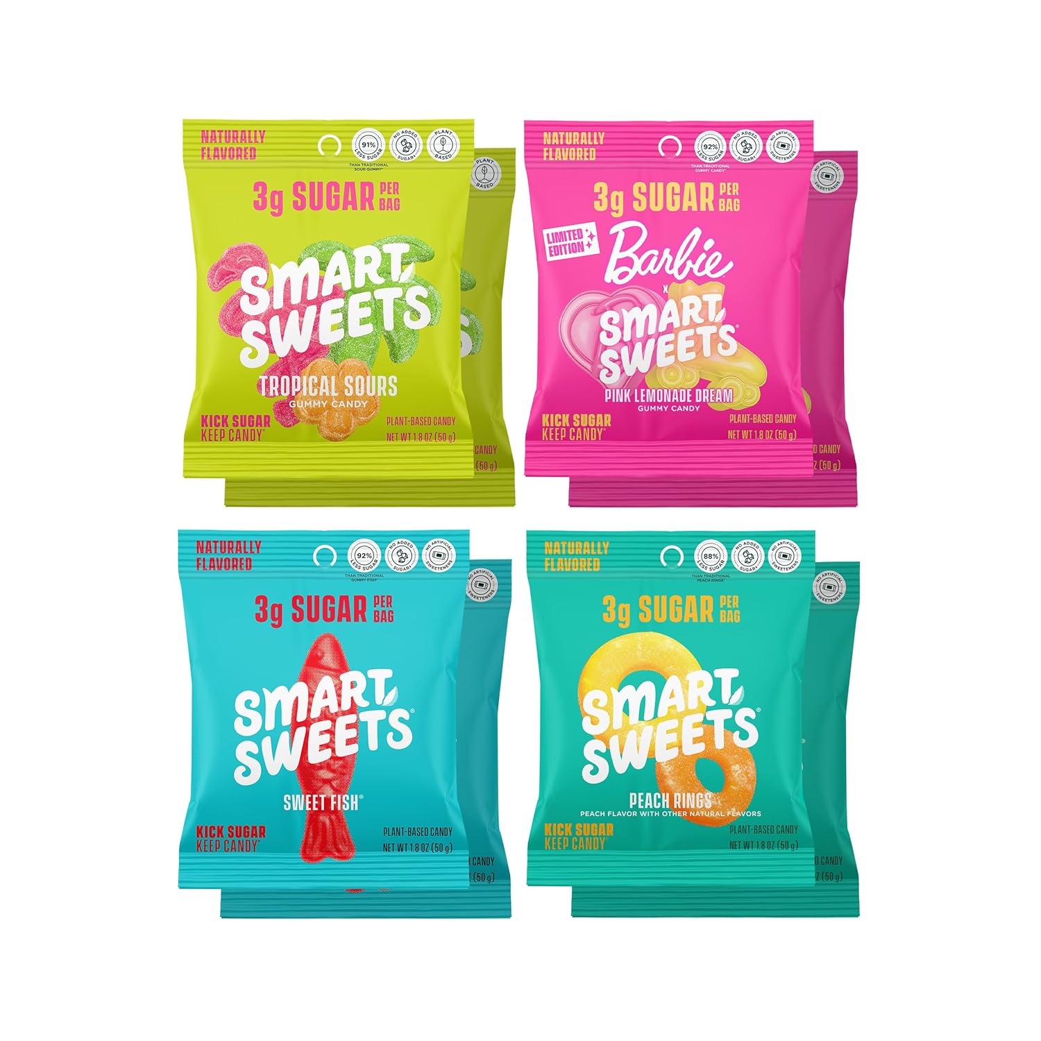 SmartSweets Variety Pack Candy, 1.8oz (Pack of 8), Candy With Low Sugar & Calorie, Healthy Snacks For Kids & Adults - Sweet Fish, Peach Rings, Tropical Sours, Barbie Pink Lemonade Dream
