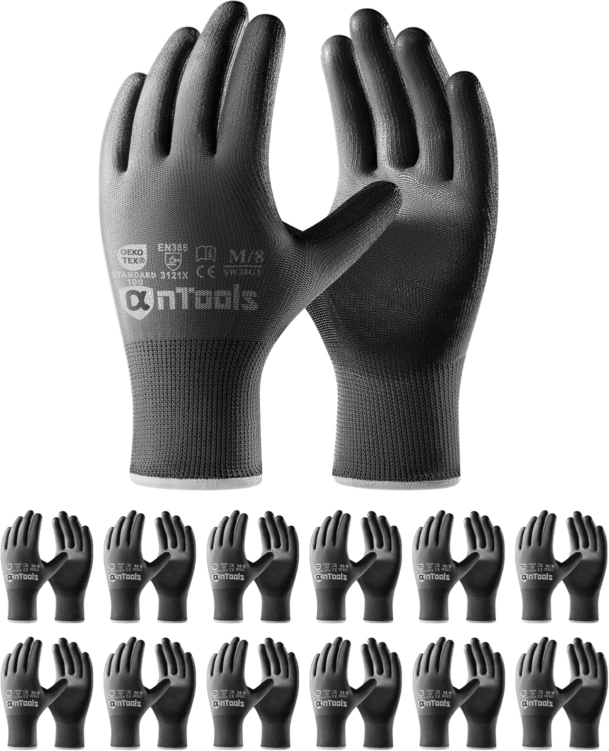 12 Pairs Skin-Friendly PU-coated Work Gloves, Seamless Knit, Lightweight, Flexible, General-Duty Work Gloves for Men and Women, Grey, Medium