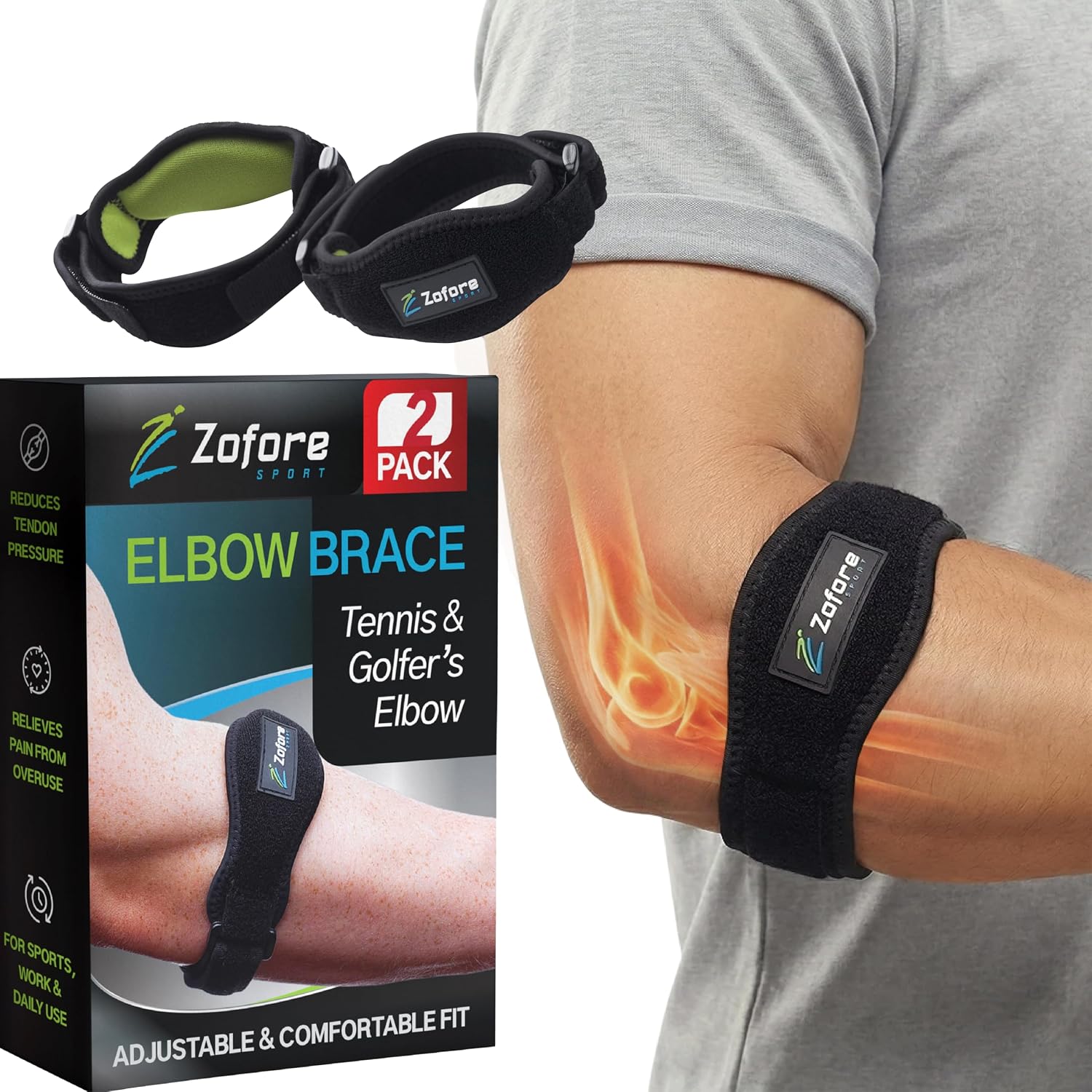 Tennis Elbow Brace With Compression Pad (2-Count) - Effective Pain Relief for Tennis & Golfer’s Elbow for Men & Women