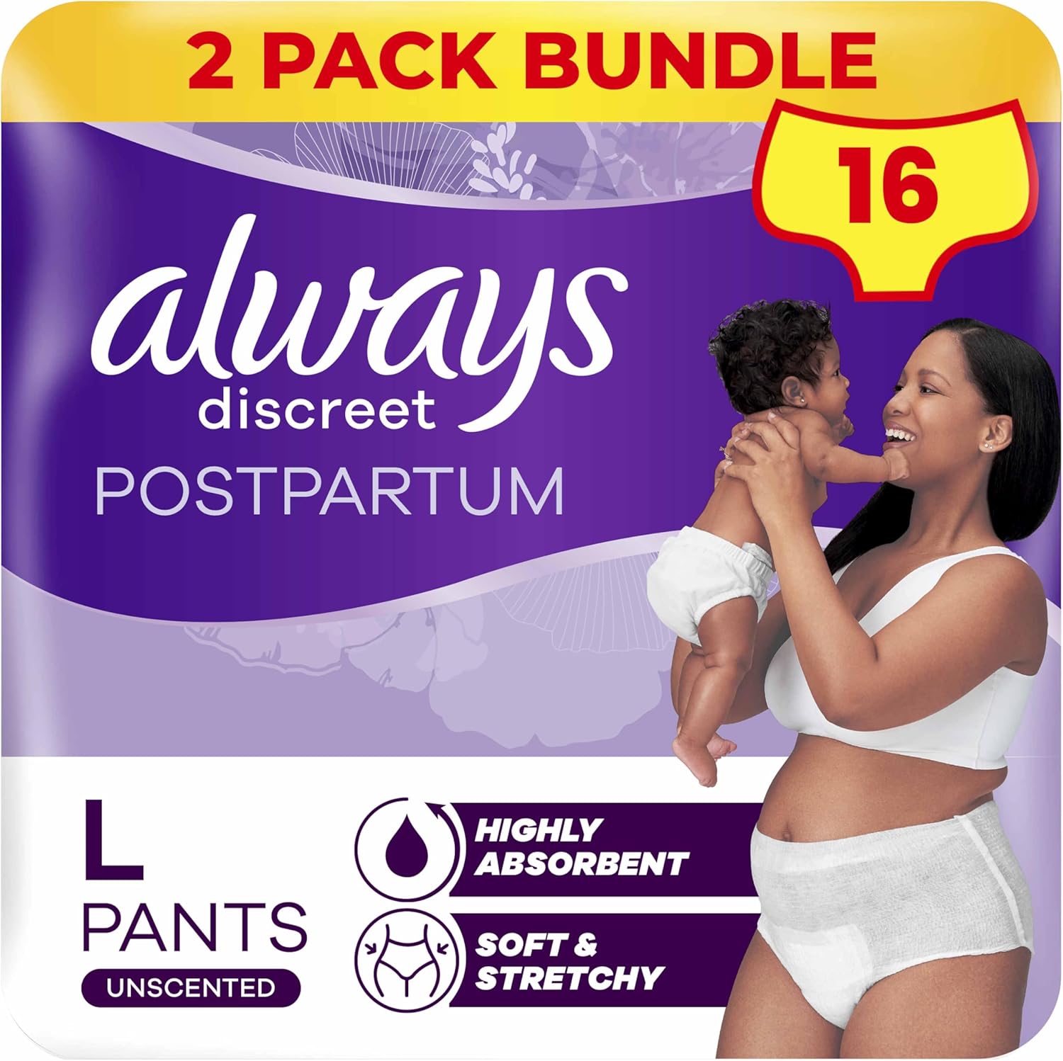 Always Discreet Postpartum & Adult Incontinence Pants High-Waisted Maternity Knickers Super Absorbent, Soft & Breathable Size Large, 16 Count (8 x 2 Packs)