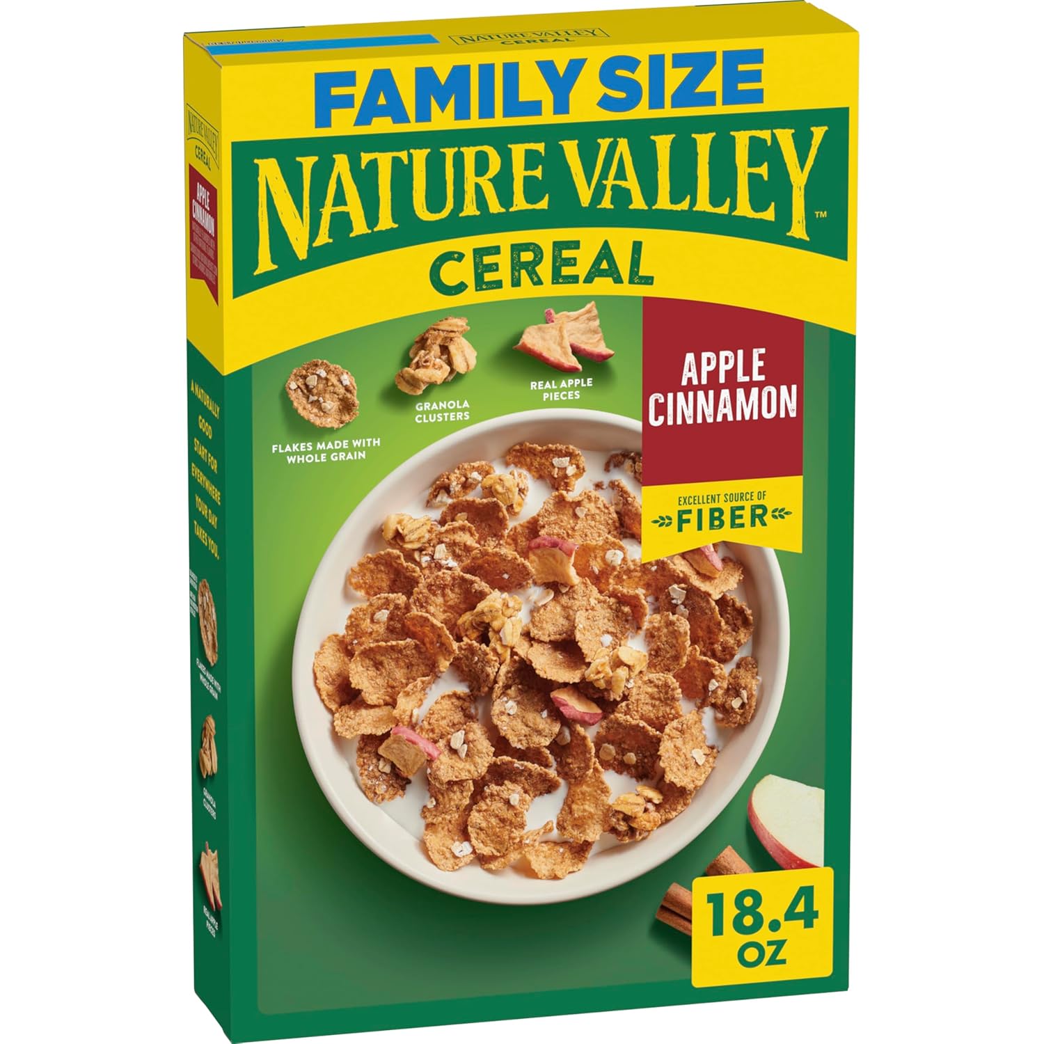 Nature Valley Apple Cinnamon Breakfast Cereal with Flakes, Granola Clusters and Real Apple Pieces, Excellent Source of Fiber, Family Size, 18.4 oz
