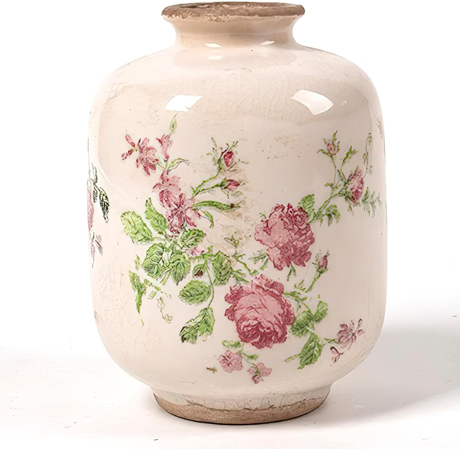 SYDDOL White Ceramic Vase, Small French Country Style Porcelian Vase Hand Painted Floral Design with Vintage Crackle Glaze for Wedding Dinner Table Office Bedroom - 5.5 Inch / 14 CM (Pink Floral)
