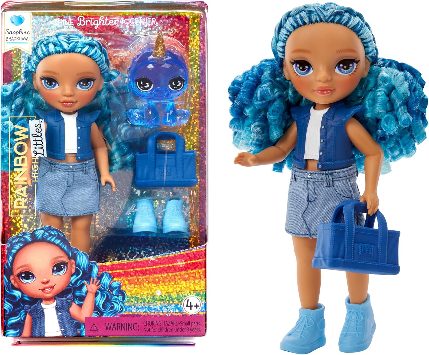 Rainbow High Littles - Sapphire Bradshaw - Small, Posable Fashion Doll – Blue 14 cm Tall Doll with Purse and Magical Pet Yeti - Suitable for Kids and Collectors