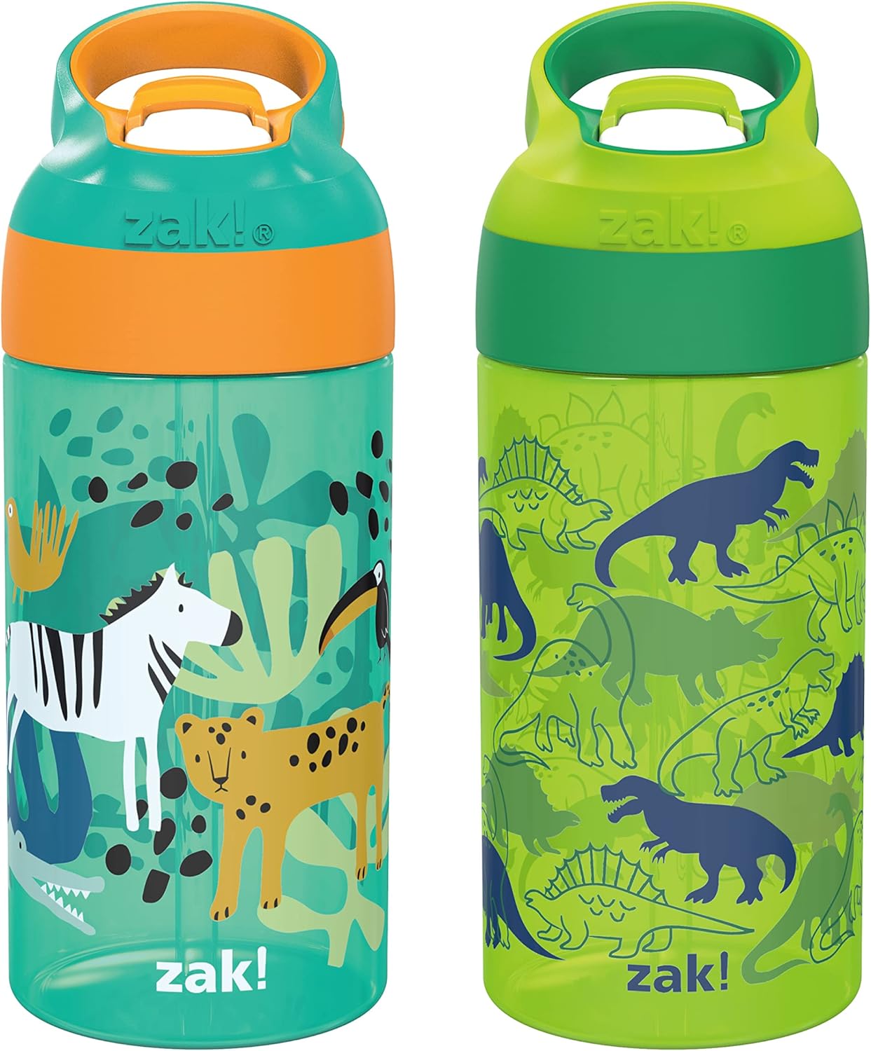 Zak Designs 16oz Riverside Kids Water Bottle with Spout Cover and Built-in Carrying Loop, Made of Durable Plastic, Leak-Proof Design for Travel (Dino Camo & Safari, Pack of 2)