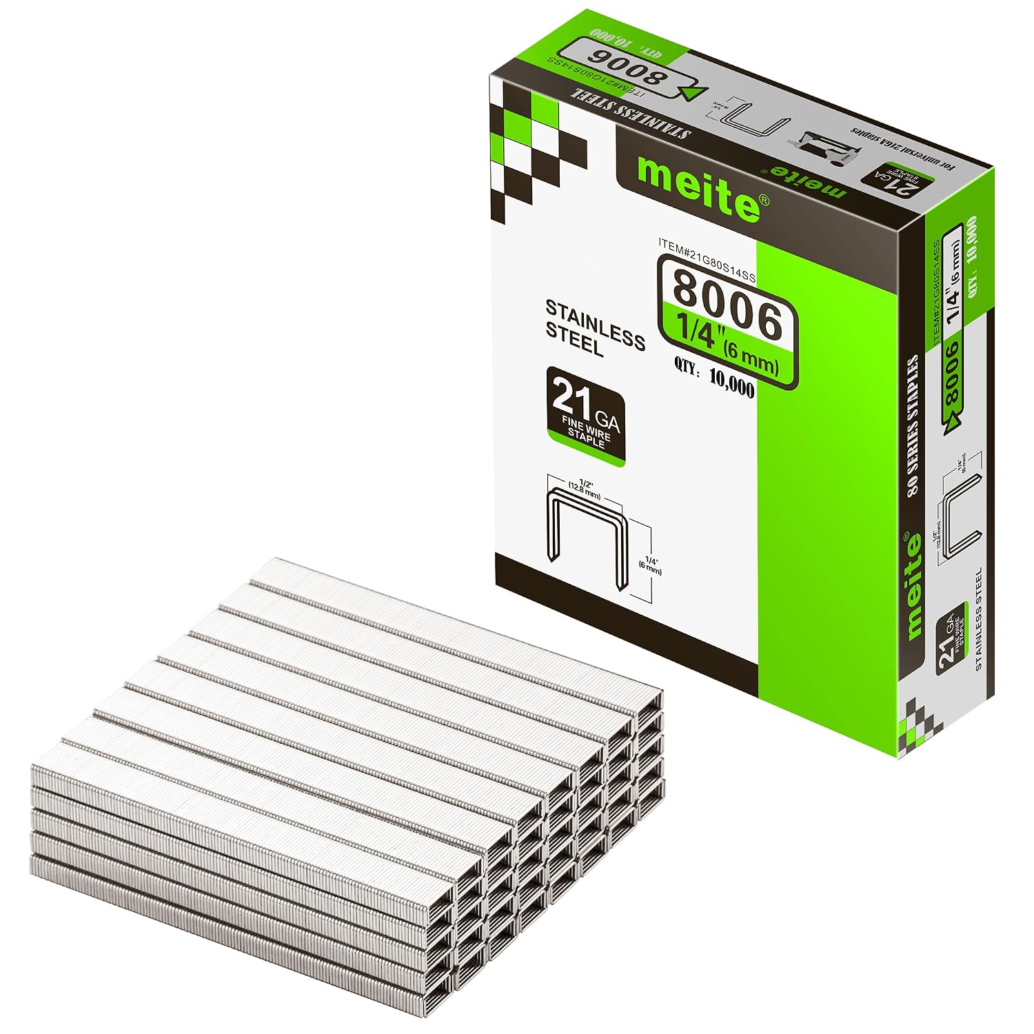 meite 8006SS Type 80/6 mm Upholstery Staples 304 Stainless Steel Staples for Stapler Gun - Ideal for fabric, Carpet, Wood Box, Cable, Shed (10,000 Counts)