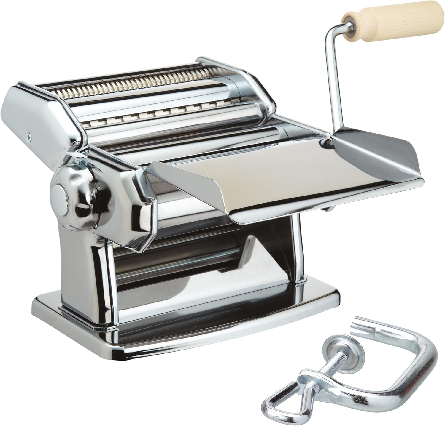 Imperia Italian Double Cutter Pasta Machine, Homemade Pasta Maker with Detachable Wooden Handle, Adjustable Dial with Six Thickness Settings