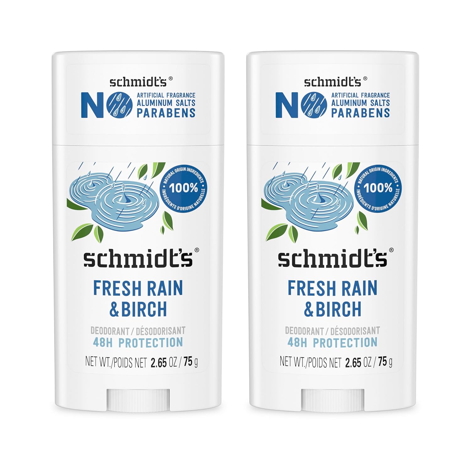 Schmidt's Aluminum-Free Vegan Deodorant Fresh Rain & Birch with 24 Hour Odor Protection, 2 Count for Women and Men, Natural Ingredients, Cruelty-Free, 2.65 oz