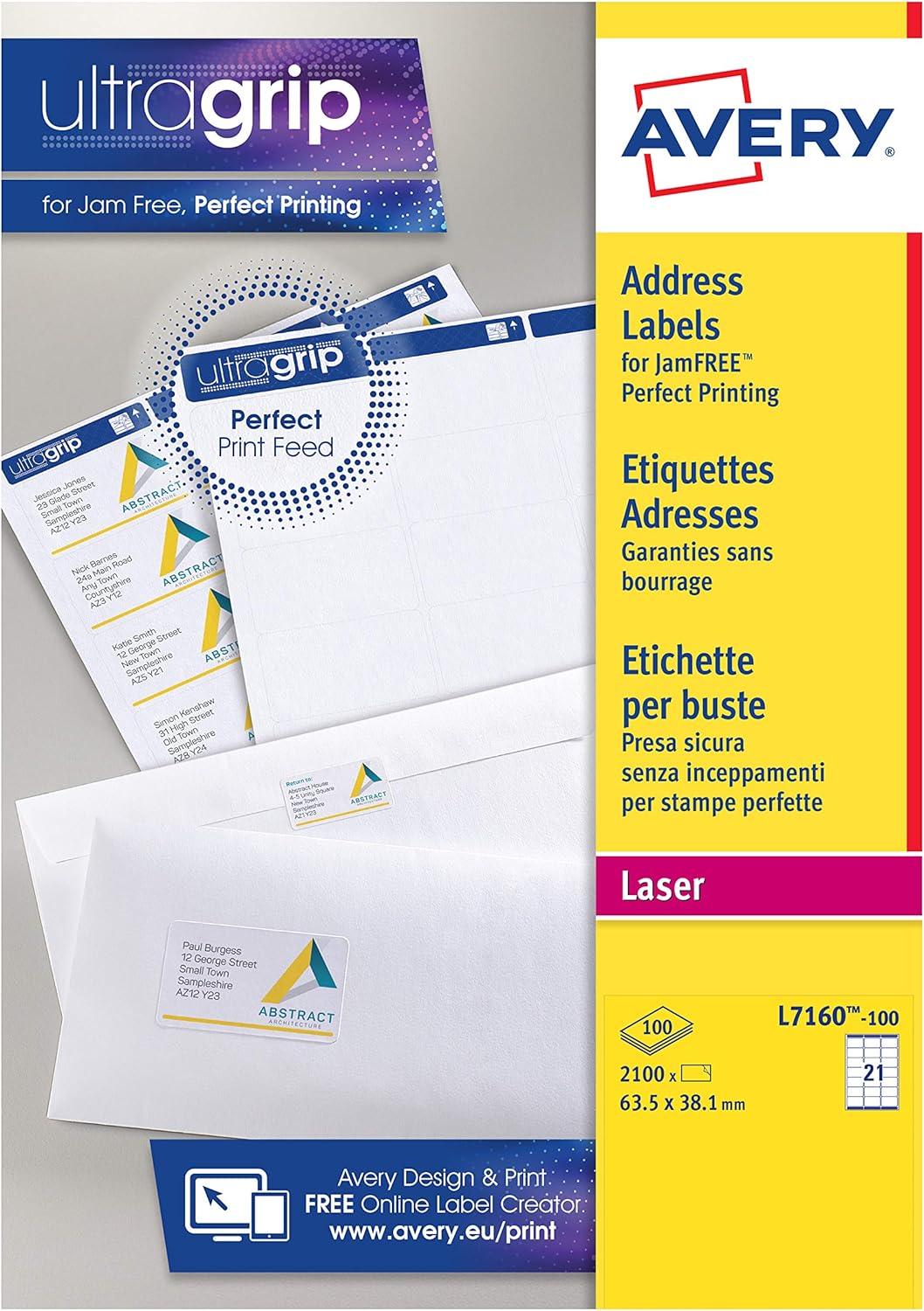 Avery JamFREE, Printable, Address Labels, Customisable, 63.5 x 38. 1 mm, White, 21 Labels per Sheet, 2100 Blank Labels per Pack (L7160-100)