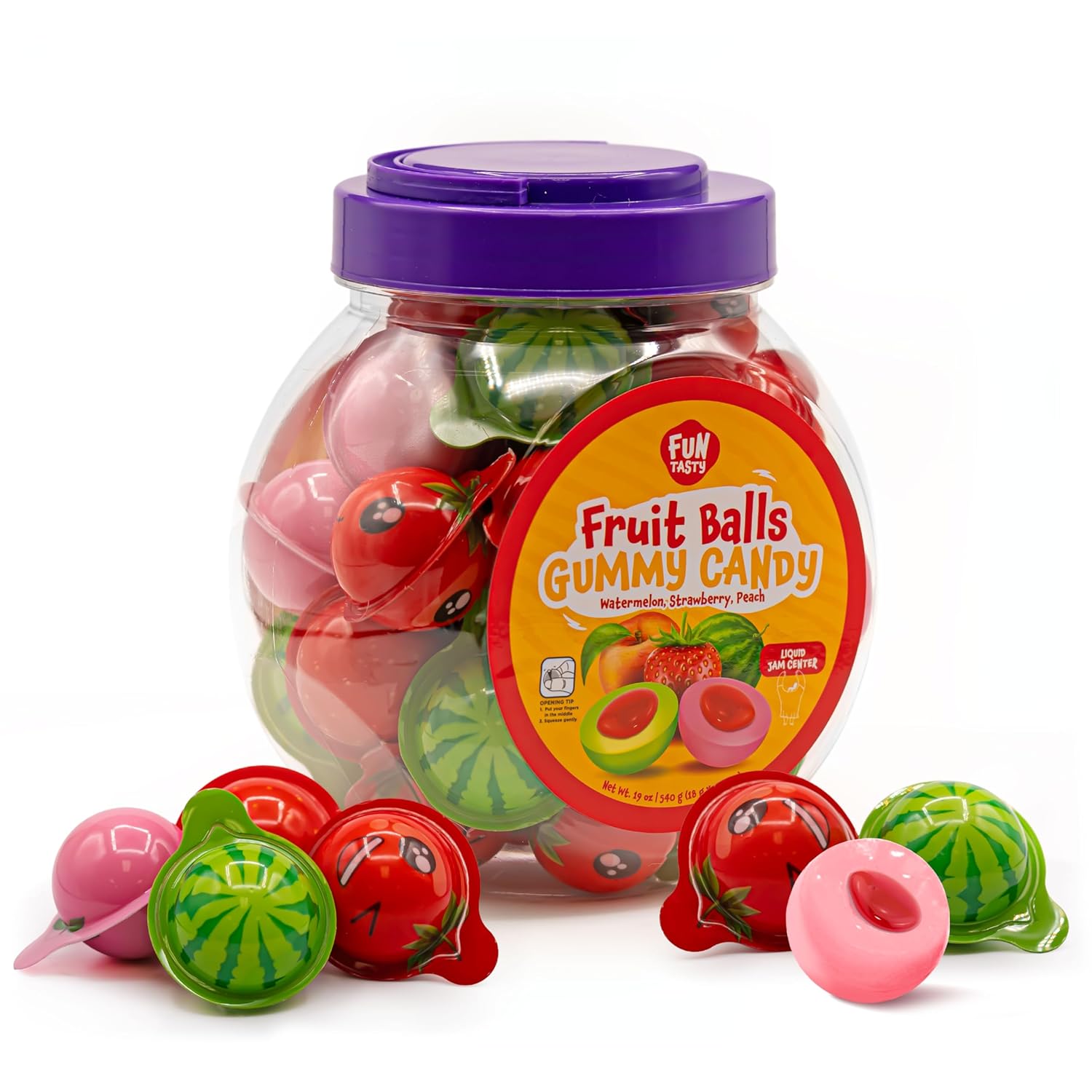 Fruit Gummy Balls Mix - 19 Ounce Jar (30 Count) - Jelly Filled Gummies - Individually Wrapped Gummy Candy - Watermelon, Strawberry, Peach - Candy for Goody Bags by Funtasty