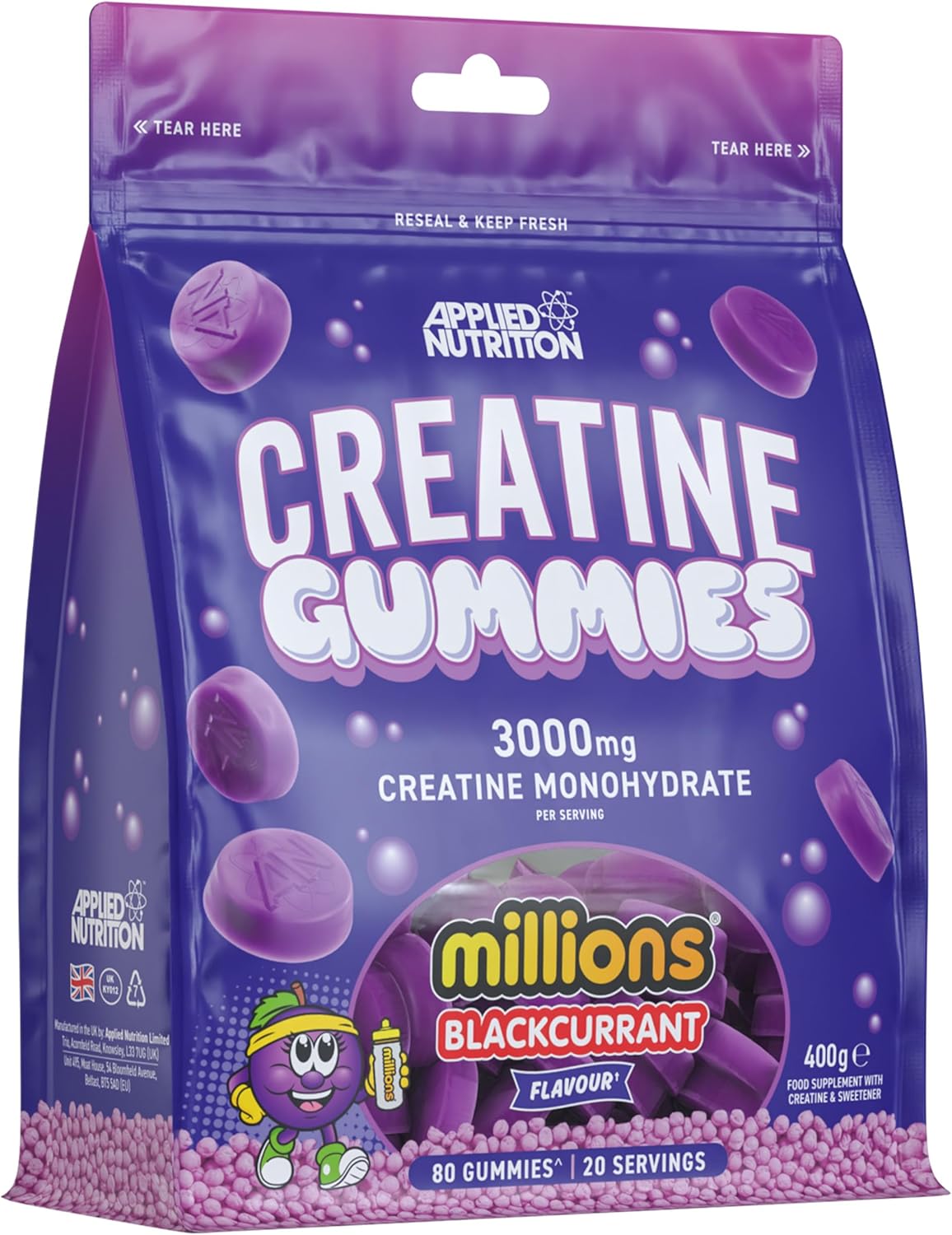 Applied Nutrition Creatine Gummies - 3000mg Creatine Monohydrate per Serving - 80 Chewable Vegan Gummies for Strength, Power & Recovery (20 Servings)