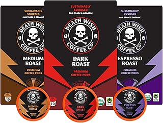 Death Wish Coffee Co., Single Serve Coffee - 10 Each of Medium, Dark, and Espresso Roast - Mixed Roast Variety Pack