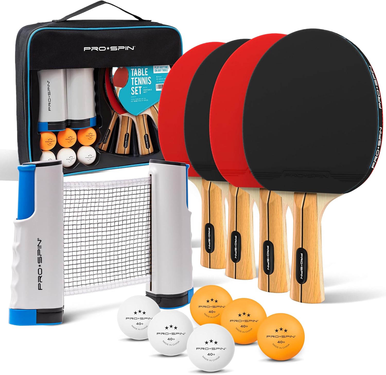 PRO SPIN All-in-One Ping Pong Set - Retractable Ping Pong Net for Any Table (72"), Ping Pong Paddles and Balls, Storage Case - Portable Table Tennis Family Games, Gifts for Boys & Girls