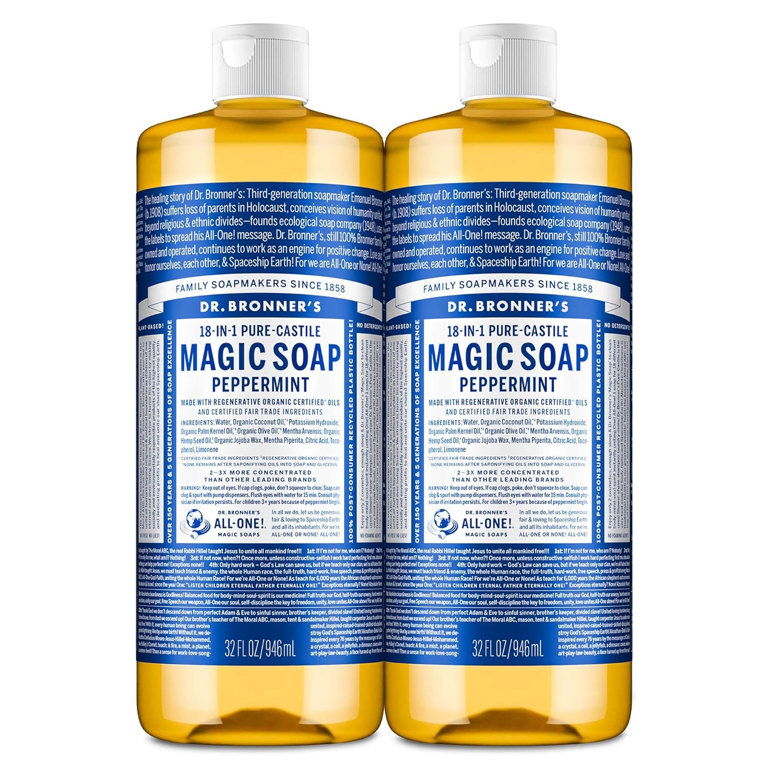 Dr. Bronner's Pure-Castile Magic Liquid Soap- Made with Regenerative Organic Oils- For Body, Face, Hair, Dishes, Pets, Laundry Natural, Vegan, Non-GMO - Peppermint, 32 oz (2-Pack)