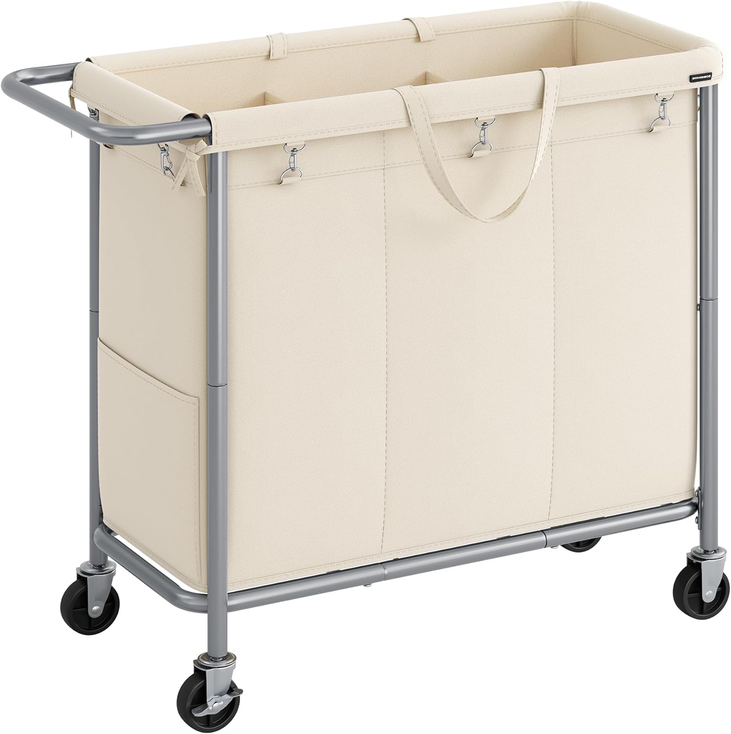 SONGMICS Laundry Basket with Wheels, 3-Section Rolling Laundry Hamper, 52.8 Gallons (200L), Removable Liner, Steel Frame with Handle, Blanket Storage, 35.8 x 15.4 x 31.9 Inches, Cream White URLS005W01