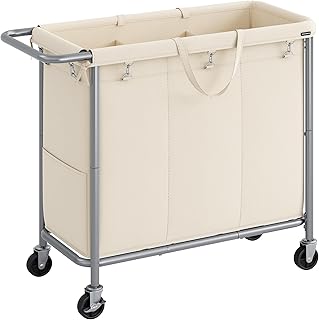 SONGMICS Laundry Basket with Wheels, 3-Section Rolling Laundry Hamper, 52.8 Gallons (200L), Removable Liner, Steel Frame with Handle, Blanket Storage, 35.8 x 15.4 x 31.9 Inches, Cream White URLS005W01