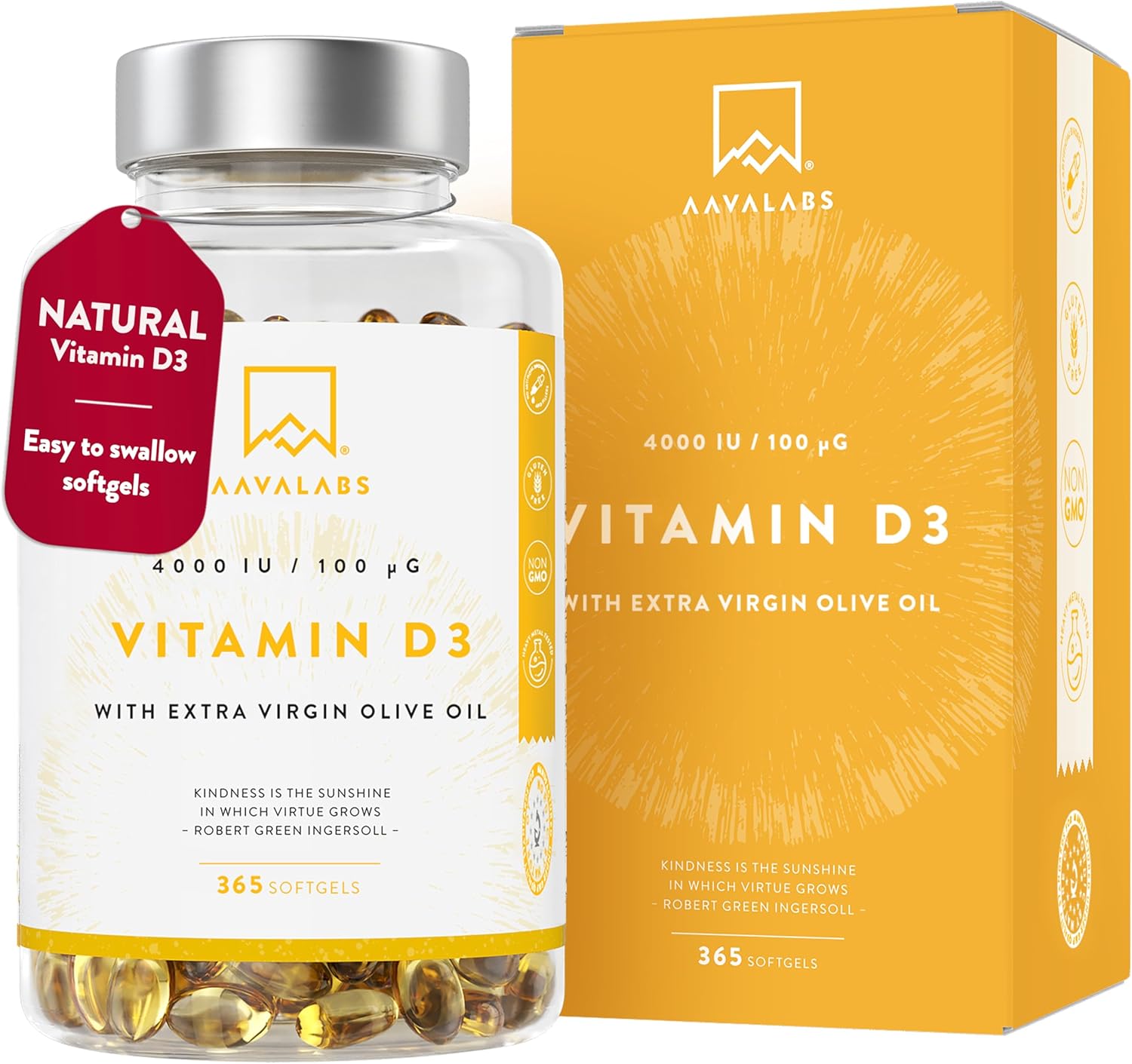 Vitamin D3 4000 IU - with Extra Virgin Olive Oil for Optimum Absorption - High Strength Vitamin D Supplement Contributes to Bone, Muscle and Immune Function - 365 Vitamin D Capsules