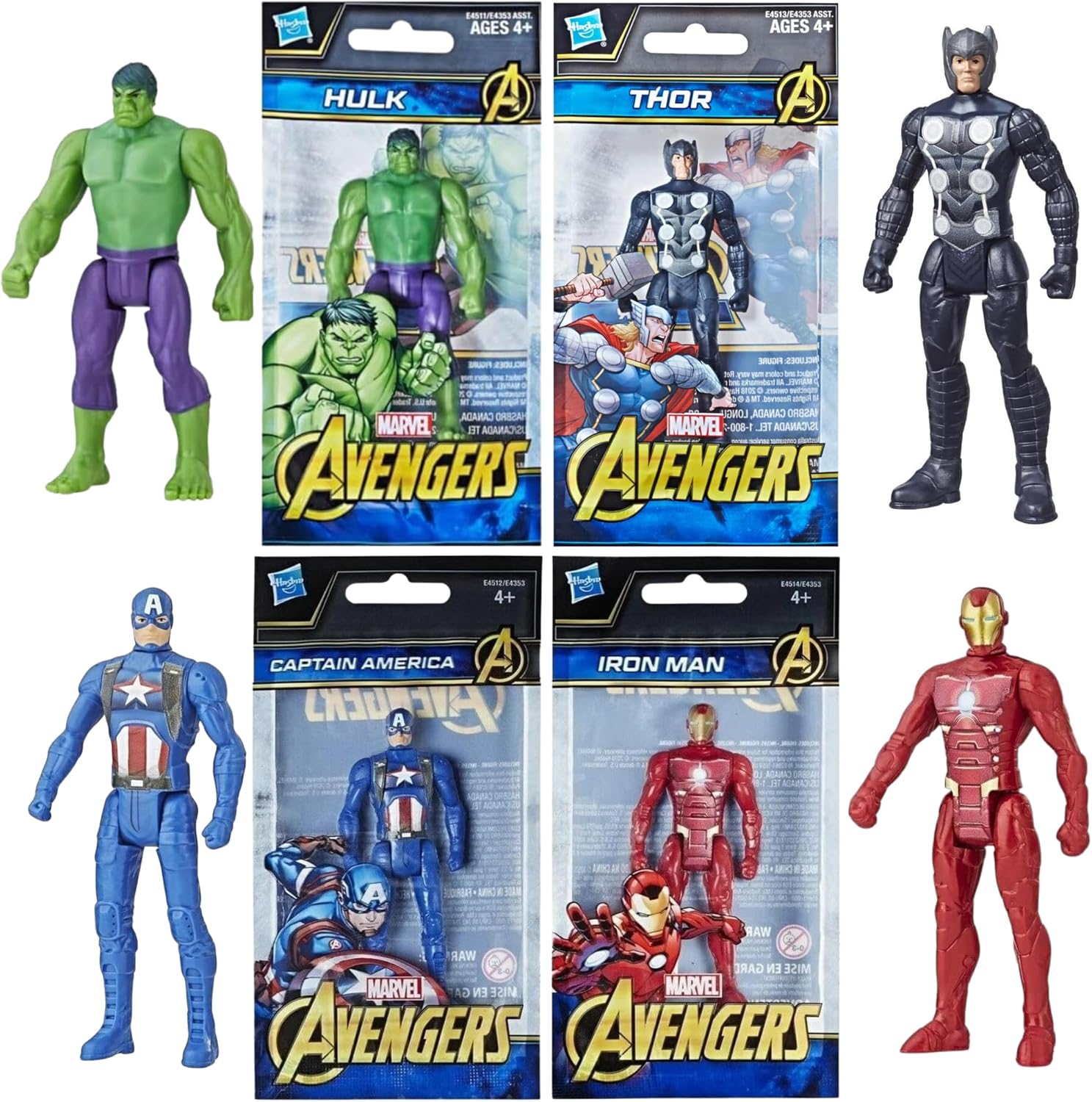 Marvel Avengers Articulated Action Figures - 3.75 Inch 9.5cm Hulk, Thor, Iron Man & Captain America Set of All 4 Figures