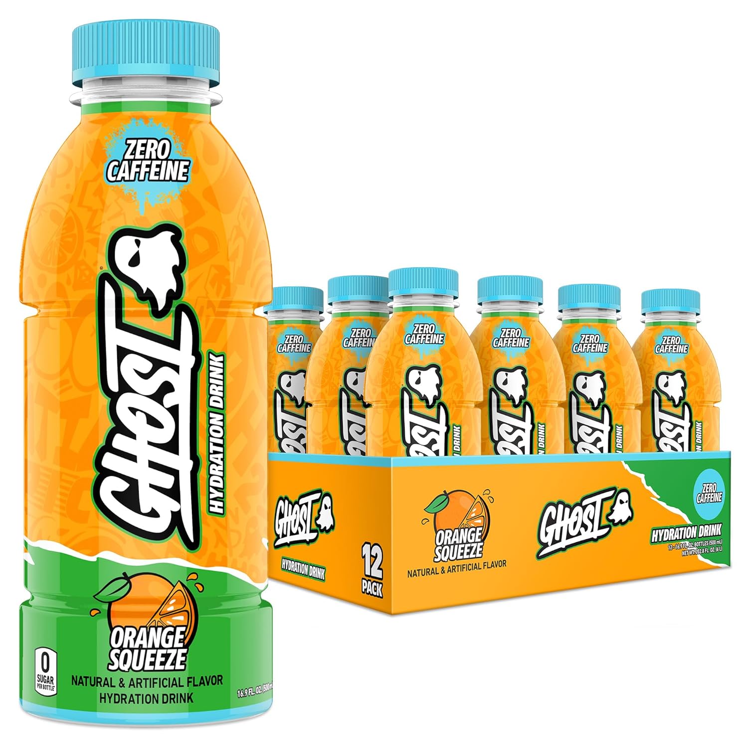 GHOST Hydration Drink, Orange Squeeze - RTD Sports Drinks with Electrolytes for Hydration - Beverage for Athletes - Zero Caffeine & Zero Sugars - 16.9 Fl Oz, 12 Pack