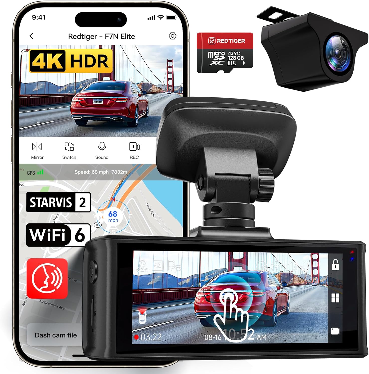 REDTIGER F7N Elite 4K HDR Dash Cam, STARVIS 2, Voice Control, 128G Card