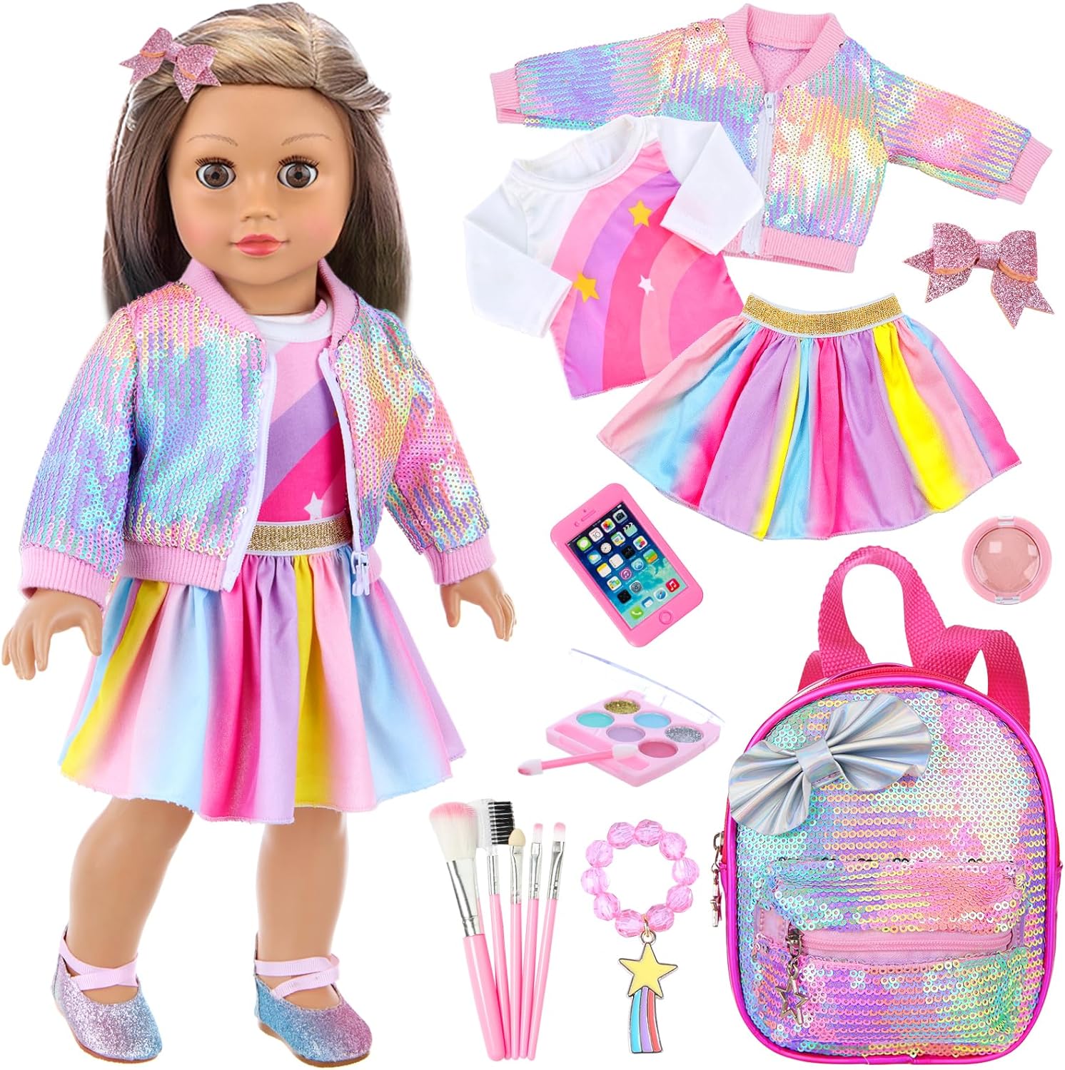 UNICORN ELEMENT American 18 Inch Doll Makeup Accessories and Clothes,Sequin Backpack Set for 18" Dolls Include Skirt Bracelet Hair Clip Phone and Makeup Sets（No Doll and Shoes