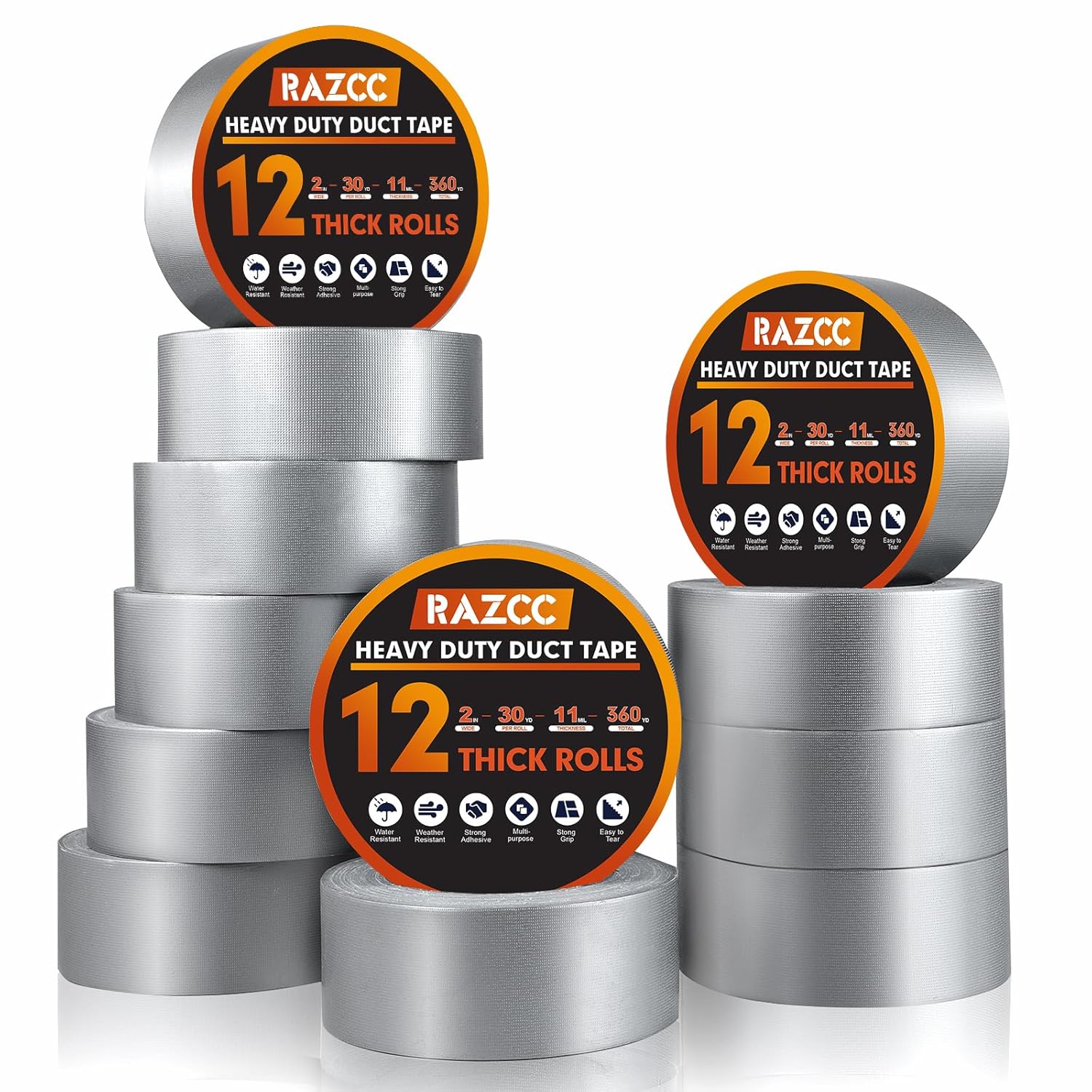 Duct Tape, Silver Duct Tape, 12 Rolls - Heavy Duty, Flexible, No Residue, All-Weather and Tear by Hand, 30 Yard x 2 Inch Per Roll - Bulk Value for Indoor & Outdoor Repairs, Industrial Use