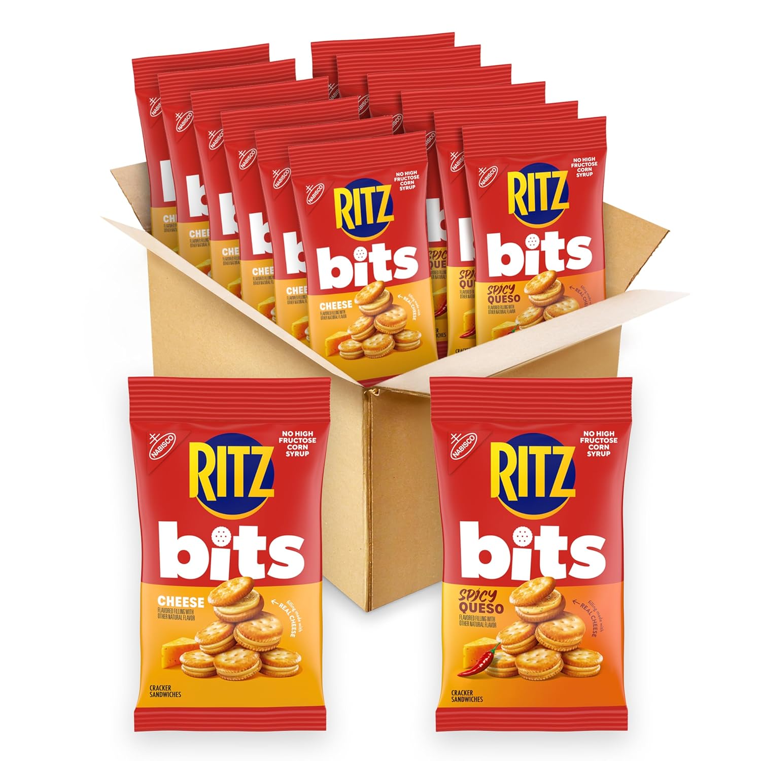 RITZ Bits Cheese and Spicy Queso Cheese Sandwich Crackers Variety Pack, Snacks for Kids and Adults, Lunch Snacks, 12-3 oz Bags