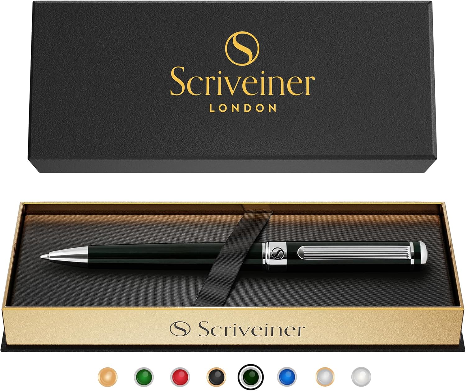 Scriveiner Green Ballpoint Pen - British Racing Green Luxury Chrome Finish, Schmidt Black Refill, Great Gift Set for Men & Women, Executive Office, Designer Pen