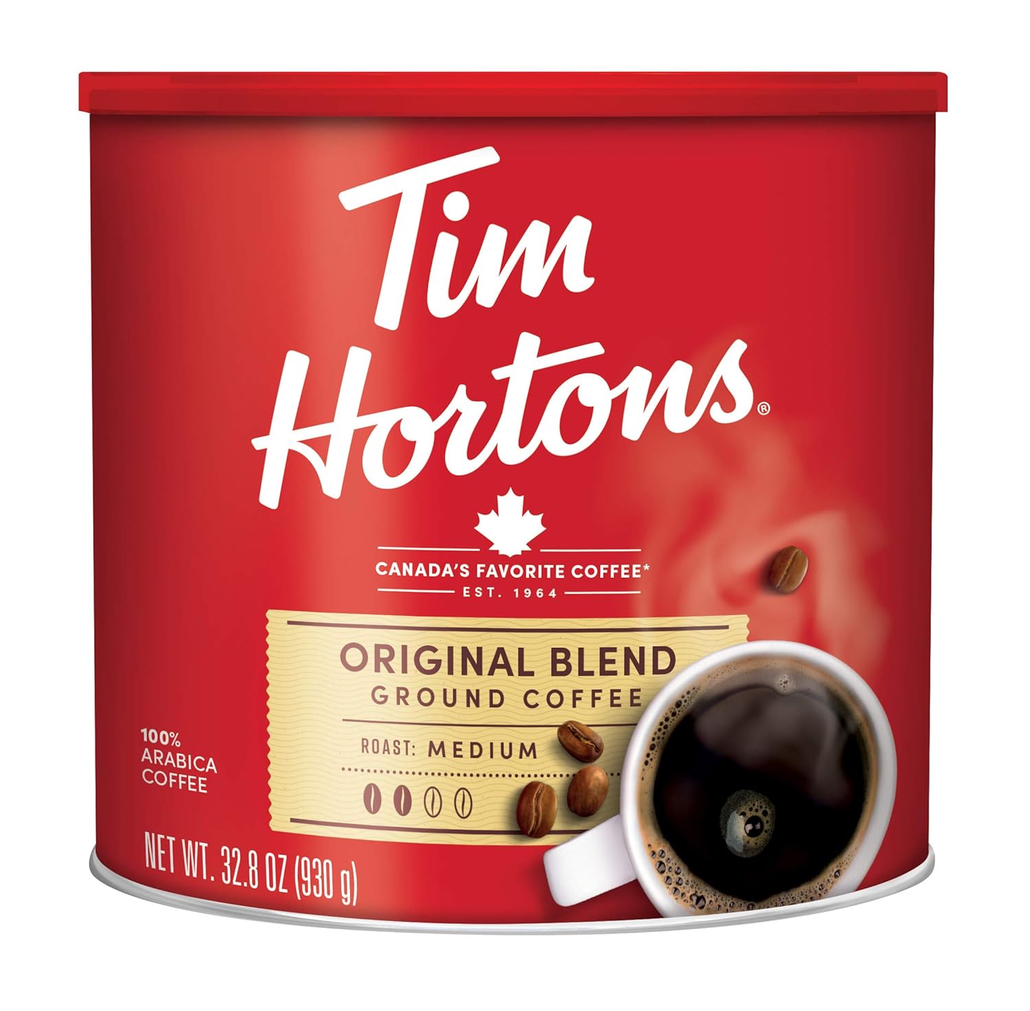 Tim Hortons Original Blend, Medium Roast Ground Coffee, Canada’s Favorite Coffee, Made with 100% Arabica Beans, 32.8 Ounce Canister