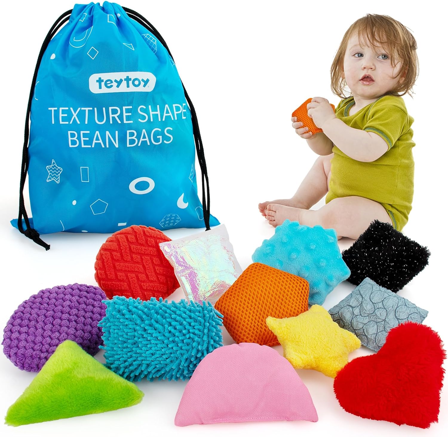 teytoy Texture Sensory Bean Bags Toys for Autism, 12 Fidget Sensory Shape Toys with Storage Bag, Develop Fine Motor & Sensory Play for Baby Special Needs Developmental Toys for Infant Newborn