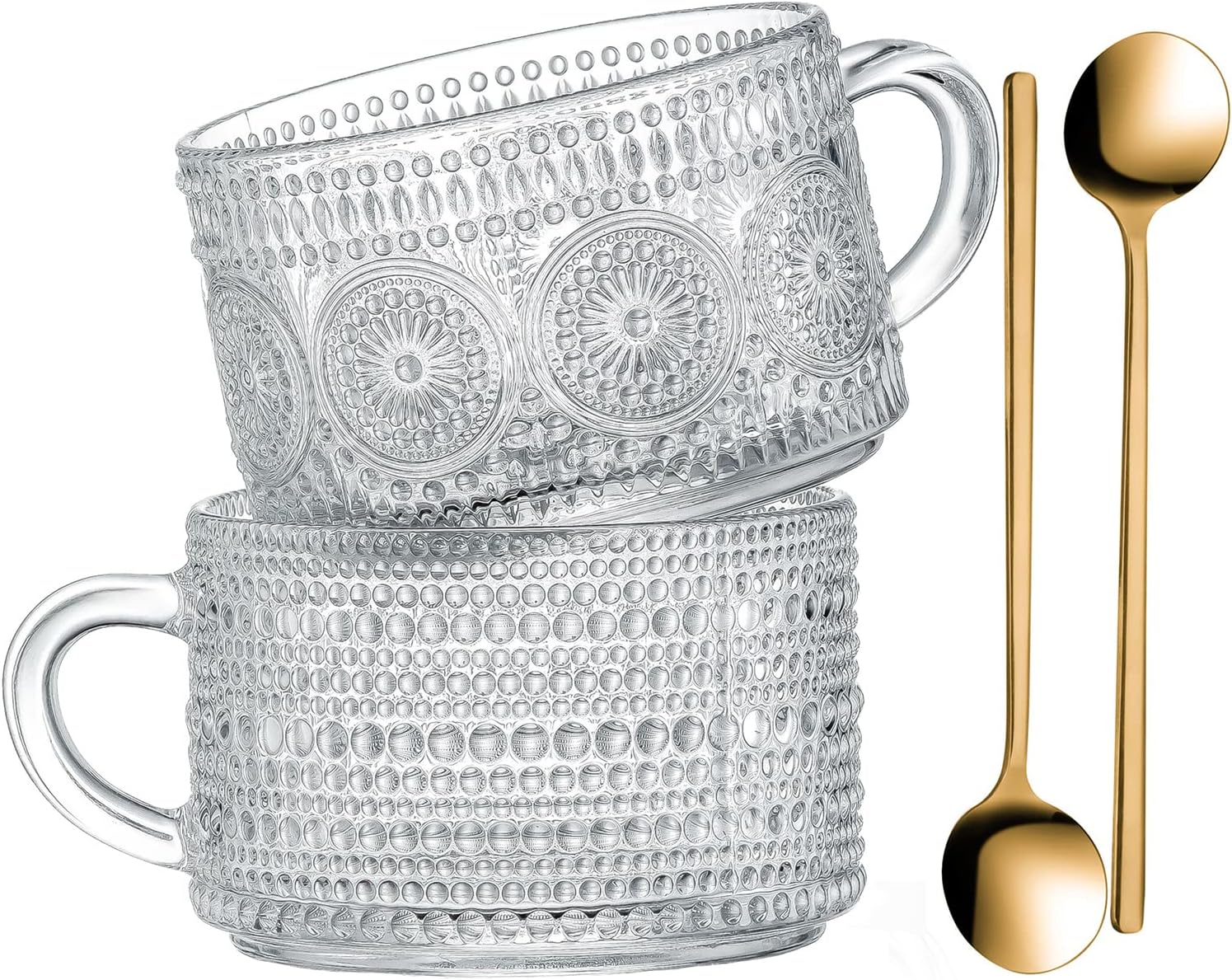 Gezzeny Vintage Glass Coffee Mugs 14 Oz Set of 2 Clear Embossed Tea Cups, Glass Coffee Cups for Cappuccino, Latte, Cereal, Yogurt, Beverage Christmas Thanksgiving Gifts