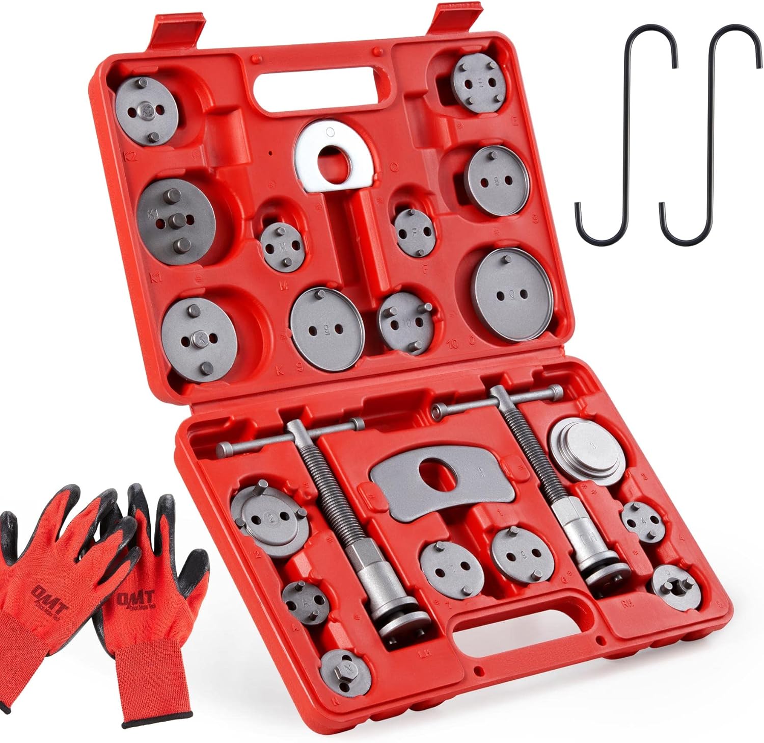 Orion Motor Tech 24pcs Brake Caliper Tool, Heavy Duty Brake Caliper Compression Tool Caliper Piston Tool for Brake Pad Replacement Reset, with Thrust Bolt Assemblies Retaining Plates 18 Disc Adapters