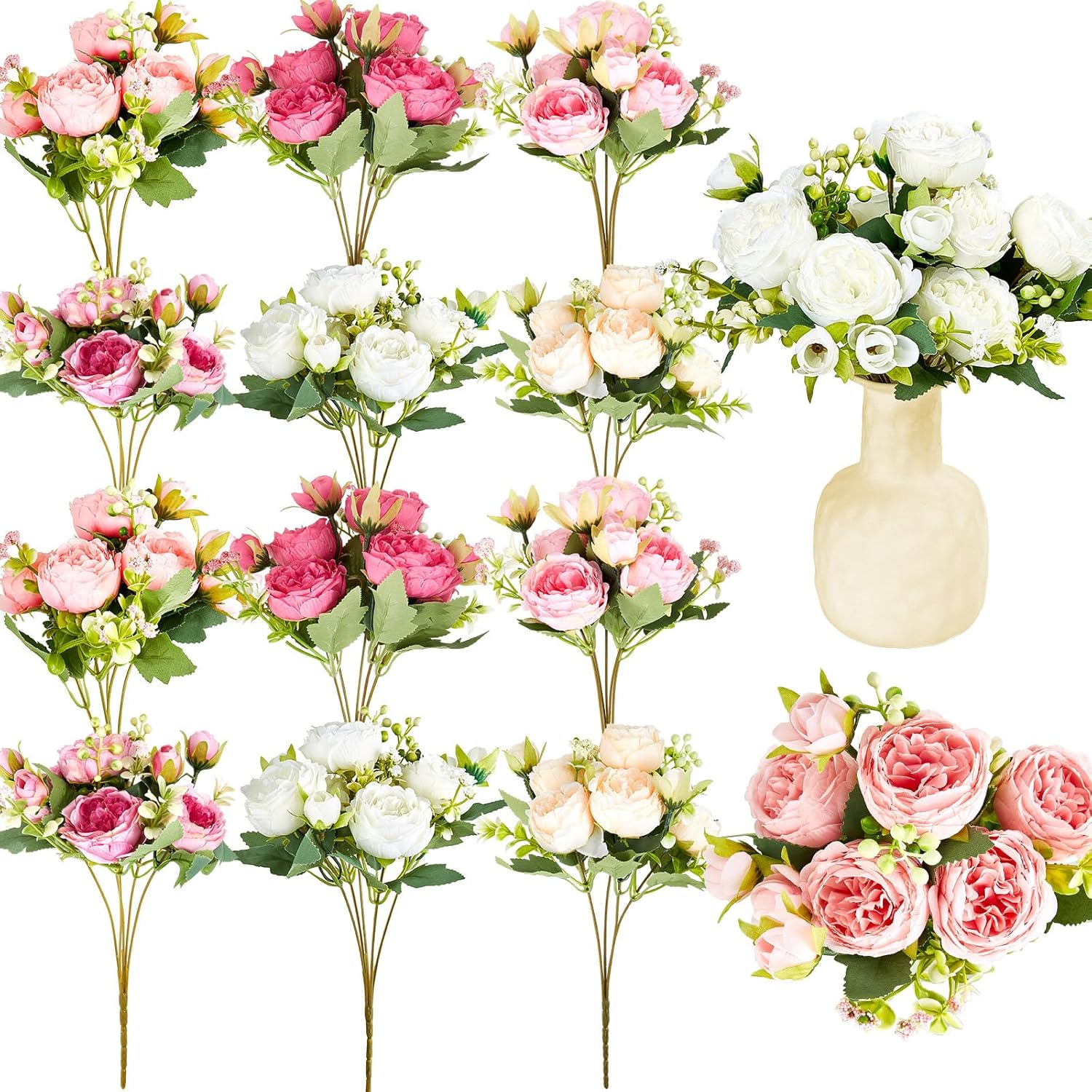 Jexine 12 Bundles Silk Artificial Peonies Flowers Faux Peony Bouquet Fake Peonies Artificial Flowers Bouquets for Vase Floral Arrangements Wedding Home Table Decoration (Colorful)