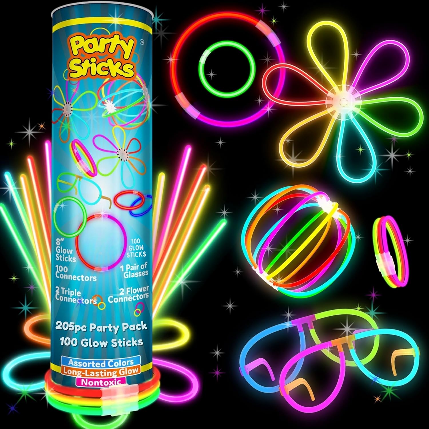 PartySticks Ultra Bright Bulk Party Supplies 205 Piece Glow in The Dark 100 Glow Sticks with Eye Glasses, Bracelets, and Connectors - Light Up Halloween Party Favors