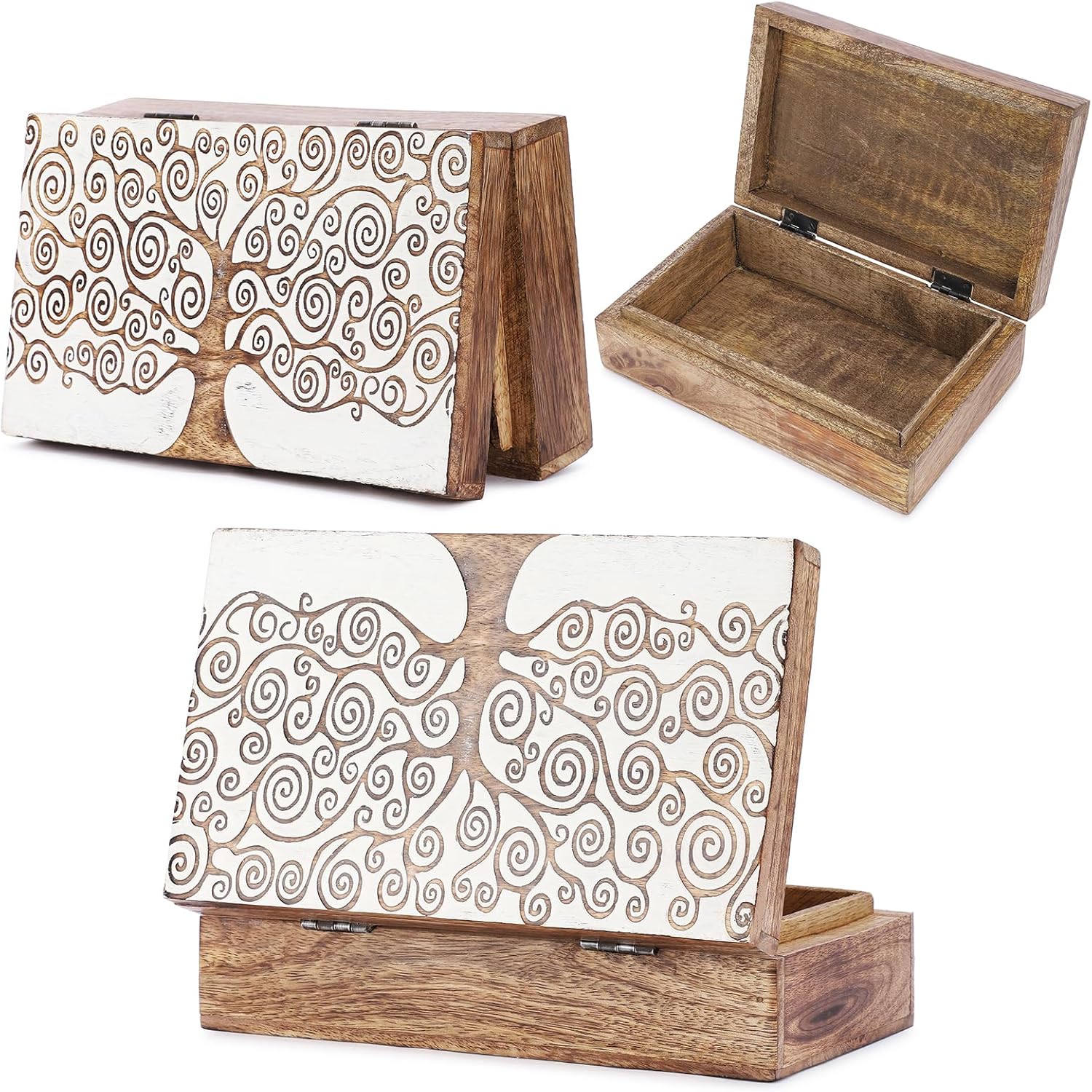 Ajuny Tree of Life Wooden Decorative Treasure Chest Box Multipurpose Use Jewelry Storage, Watch Box Travel Keepsake Memory organiser Trinket Holder Watch Box Birthday Gifts for Men and Women 8x5 Inch