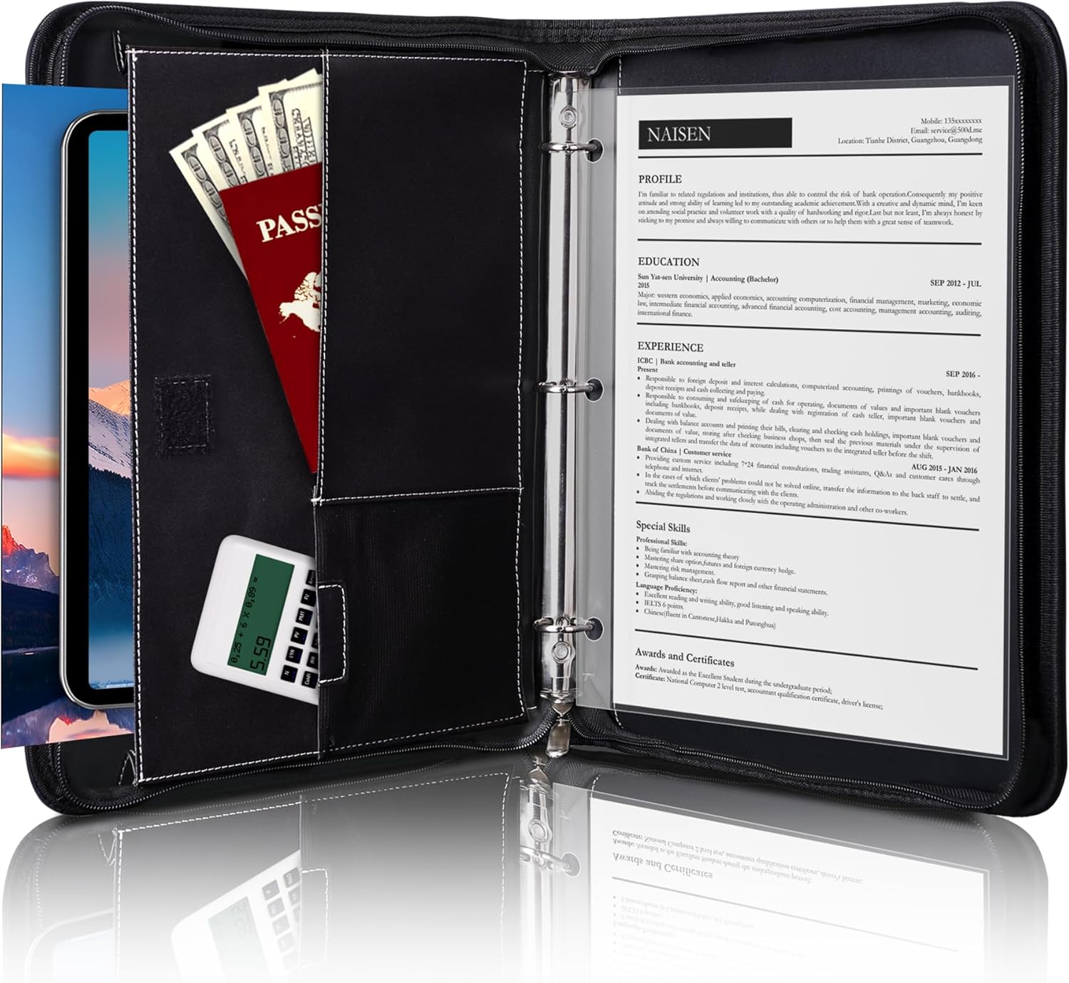 Antner Zipper Business Portfolio Padfolio Binder Professional Faux Leather Document Organizer Folio 3 Ring Notebook Binder with Zipper Closure for Tablet, Presentation Folders, Resume, Black