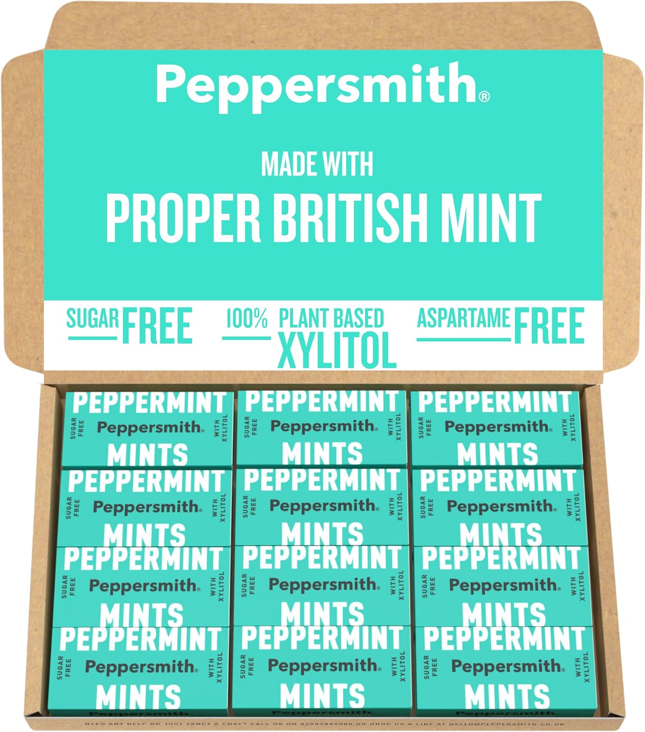 Peppersmith - British Peppermint Mints - 100% Plant Based Xylitol - Breath Freshener - Sugar Free Mints - Benefits Oral Health - Pocket Packs - 12x15g