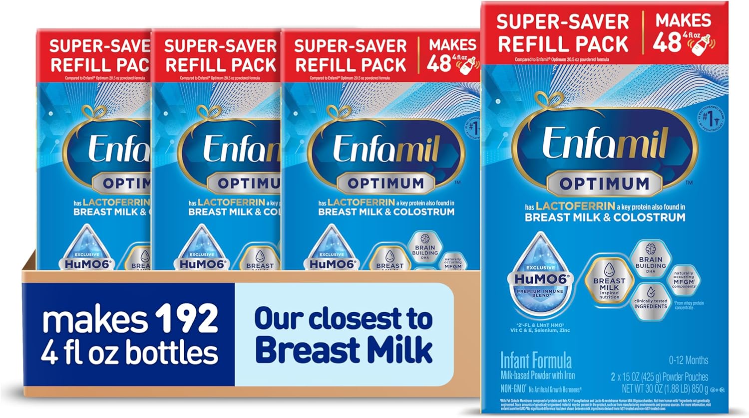Enfamil Optimum Baby Formula, Our Closest Formula to Breast Milk, Immune-Supporting Lactoferrin also found in Breast Milk, Brain-Building DHA, 30 Oz, Pack of 4