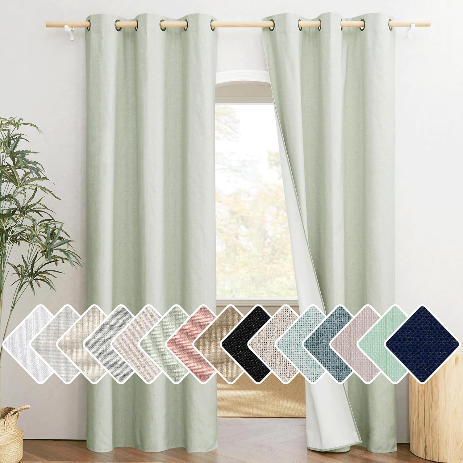 NICETOWN Sage Green 100% Blackout Linen Texture Curtains 84 inches Long 2 Panels for Boy's Room, Thermal Insulated Full Blackout 2-Layer Lined Cold Reducing Drapes, Energy Efficiency Window Draperies