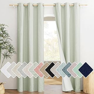 NICETOWN Sage Green 100% Blackout Linen Texture Curtains 84 inches Long 2 Panels for Boy's Room, Thermal Insulated Full Blackout 2-Layer Lined Cold Reducing Drapes, Energy Efficiency Window Draperies