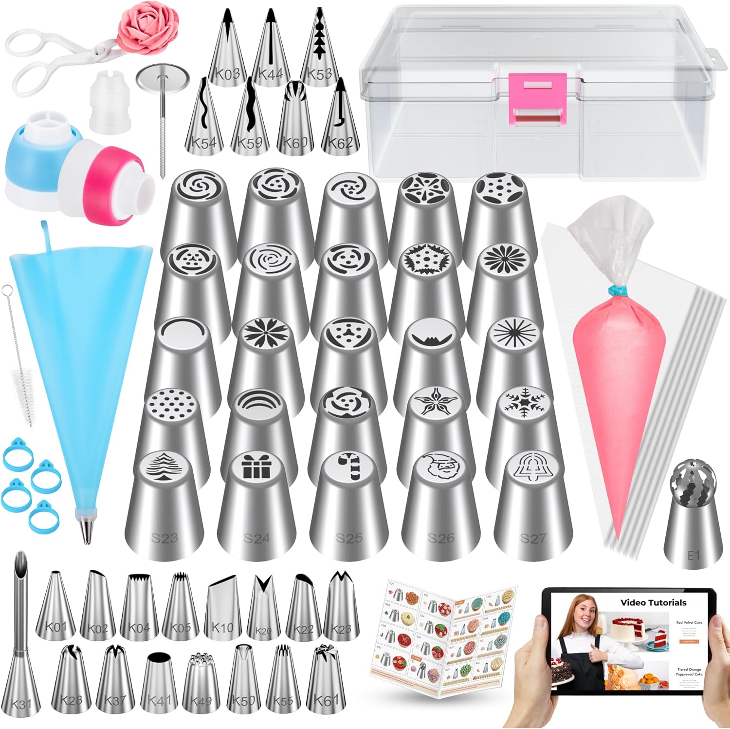 Kootek 90Pcs Russian Piping Tips Set, Piping Bags and Tips Set with 25 Russian Tips, 23 Icing Tips, 1 Ball Tip, 30+1 Pastry Bags, 3 Couplers, 4 Bag Ties for Cake Decorating, Cupcake, Cookie, Baking