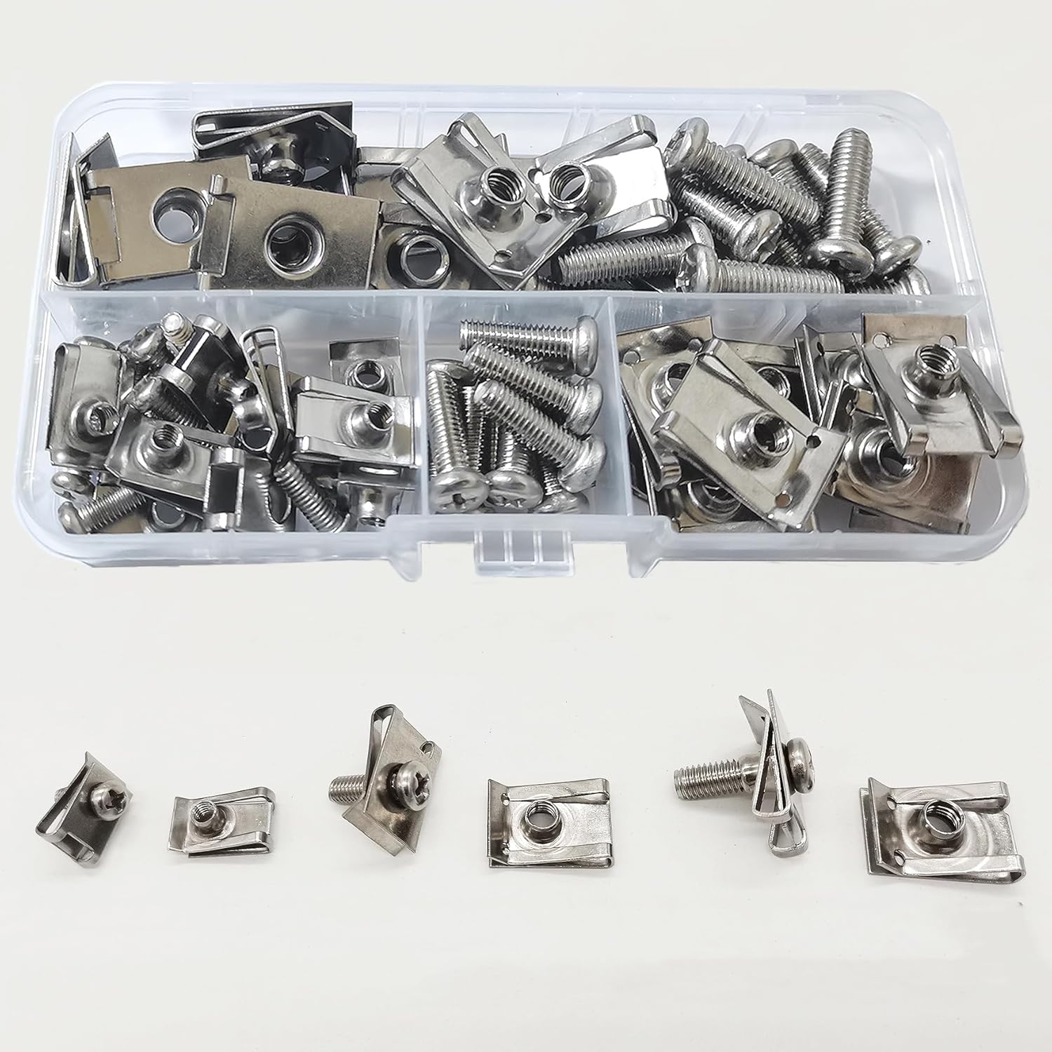 WeqeYent 60pcs 3 Sizes Stainless Steel U Clip Nuts and Bolts,M4 M5 M6 U-Style Clip-On Nut with Mounting Screws Kit for Car Universal Fasteners