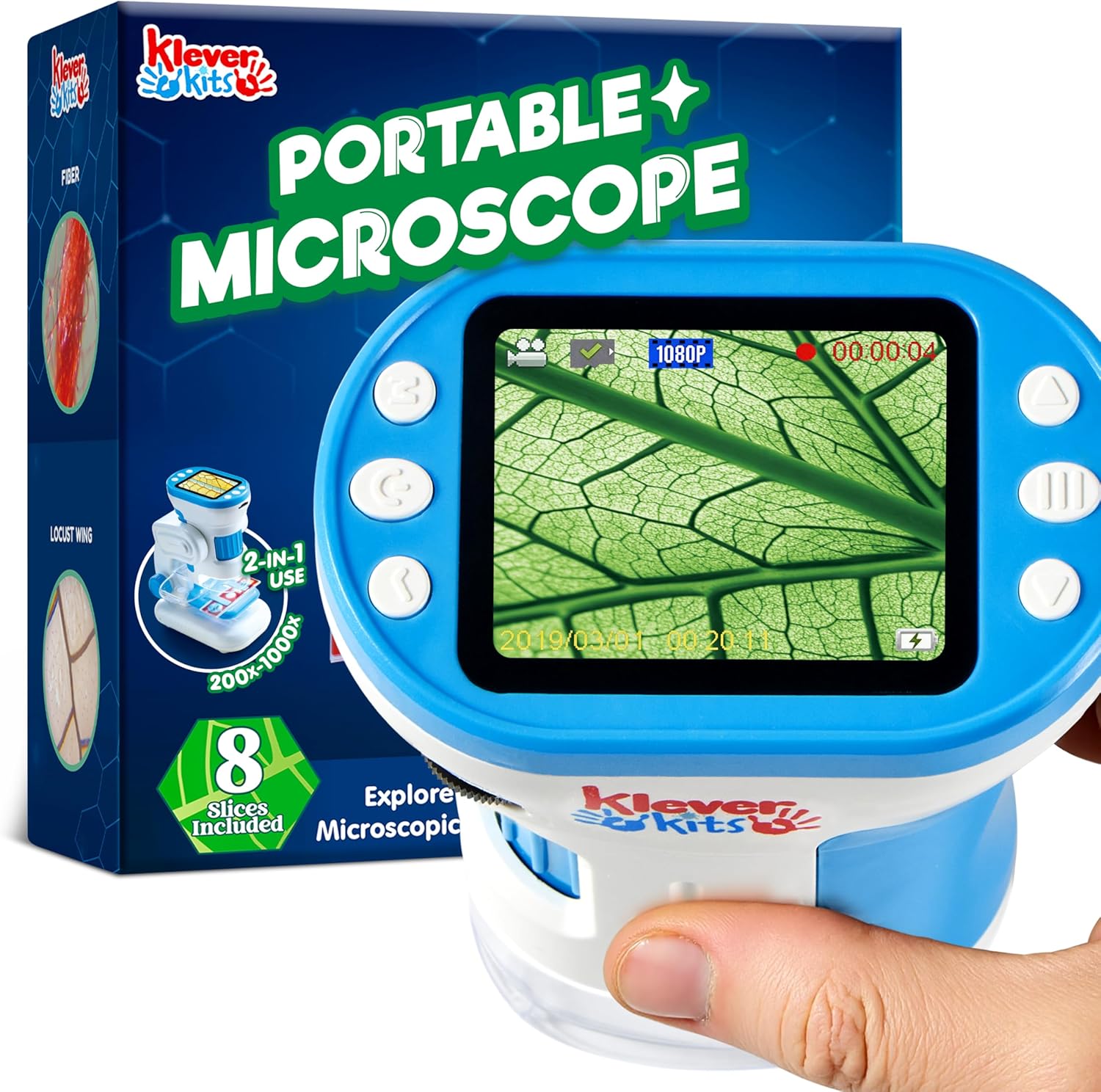 Klever Kits 2 in 1 Handheld Microscope for Kids, 1000X HD Digital Kids Microscope with 2.0'' LED Screen, Portable Pocket Handheld with Slides, 32G Card, Edu Gifts Toys for Ages 5-12